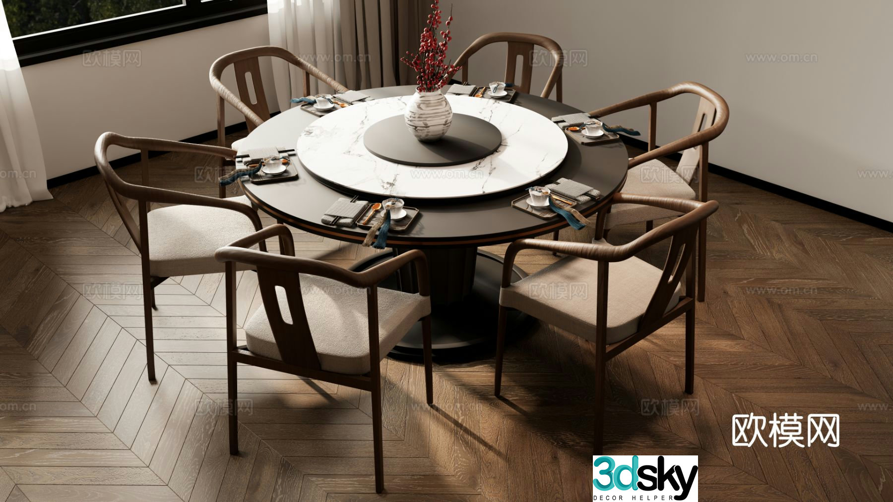 New Chinese style dining table and chairs round table 3d model