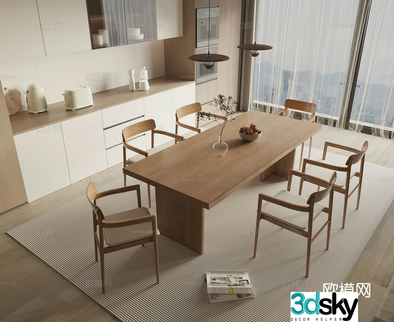 Log style dining table and chairs wooden table 3d model
