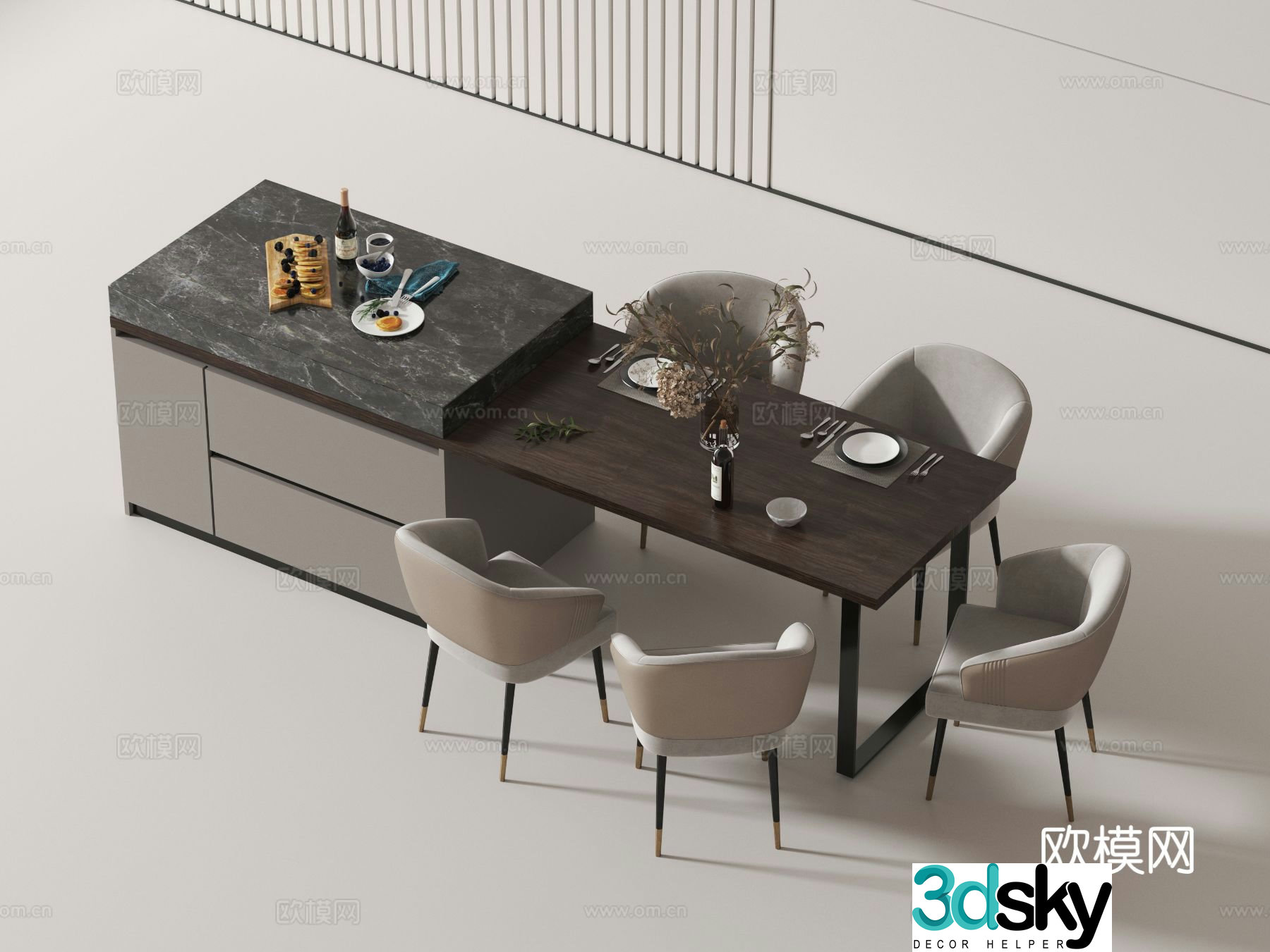 Modern island table dining table and chairs 3d model