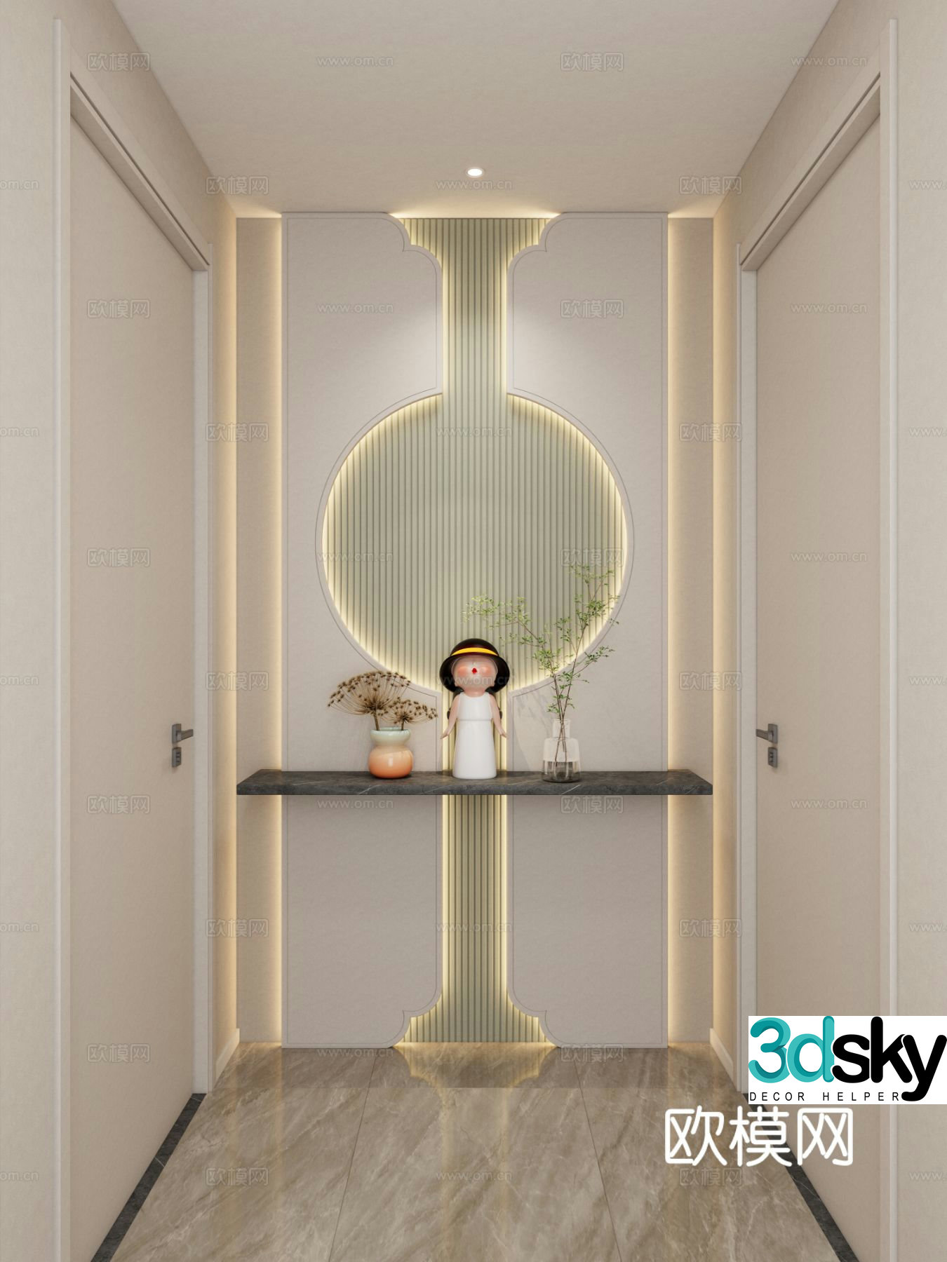 Cream style corridor end view entrance aisle 3D model