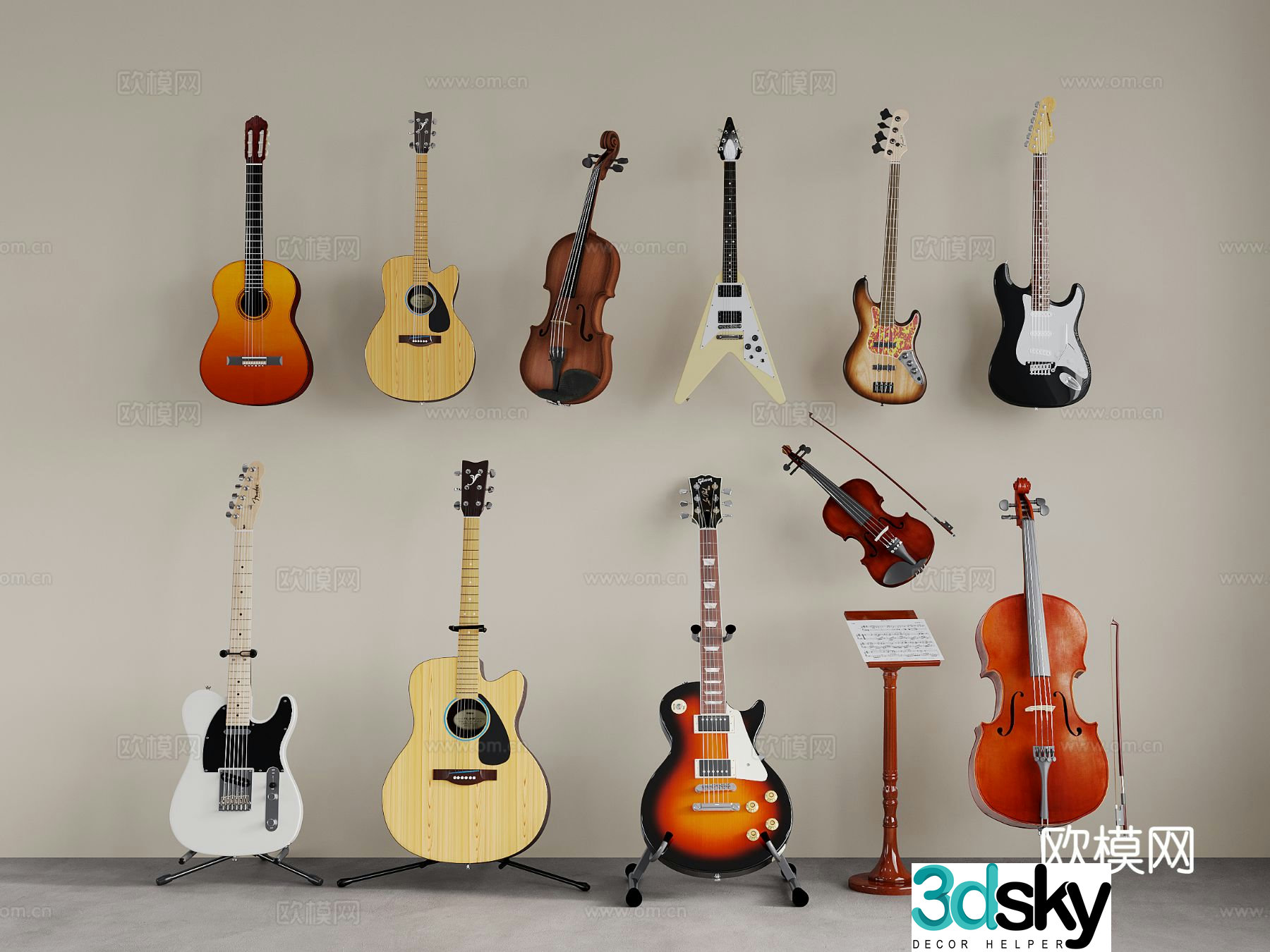 electric guitar cello violin 3d model