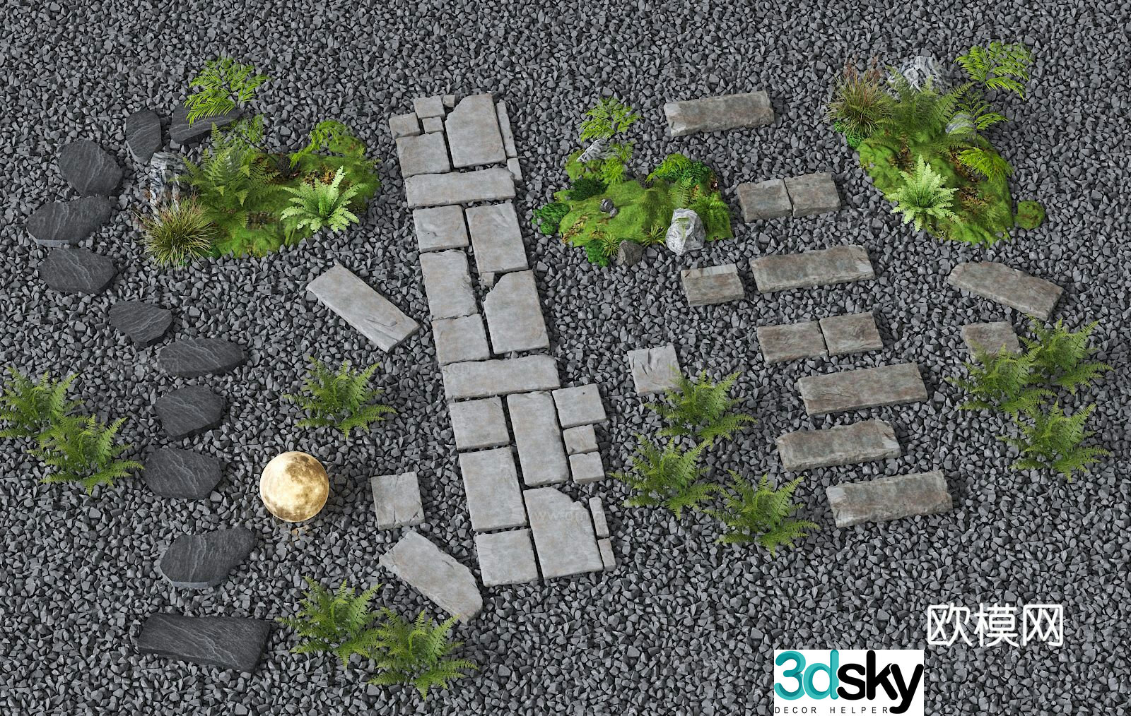 Bluestone slab Tingbu stone green plant landscaping 3D model