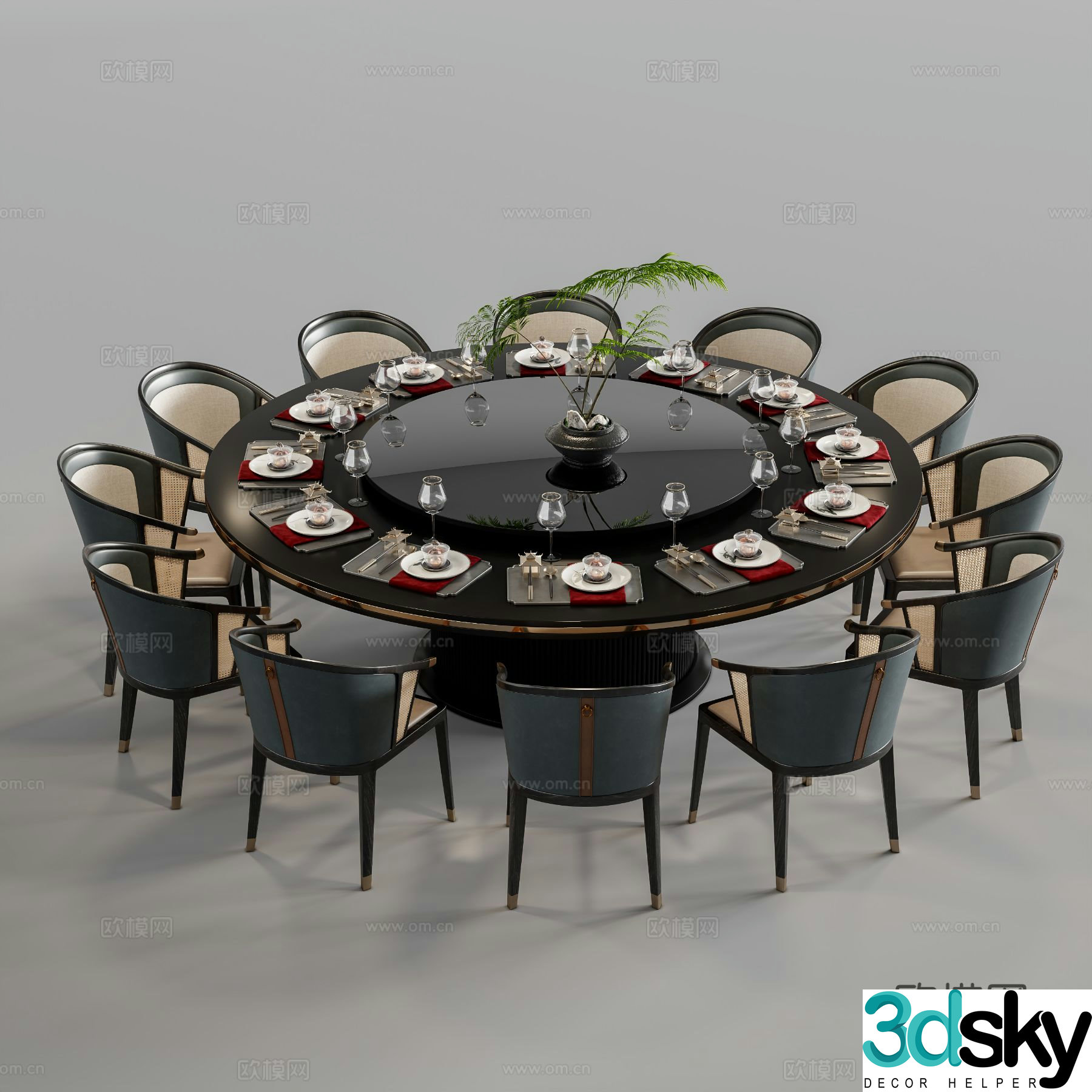 New Chinese style dining table and chairs round dining table 3d model