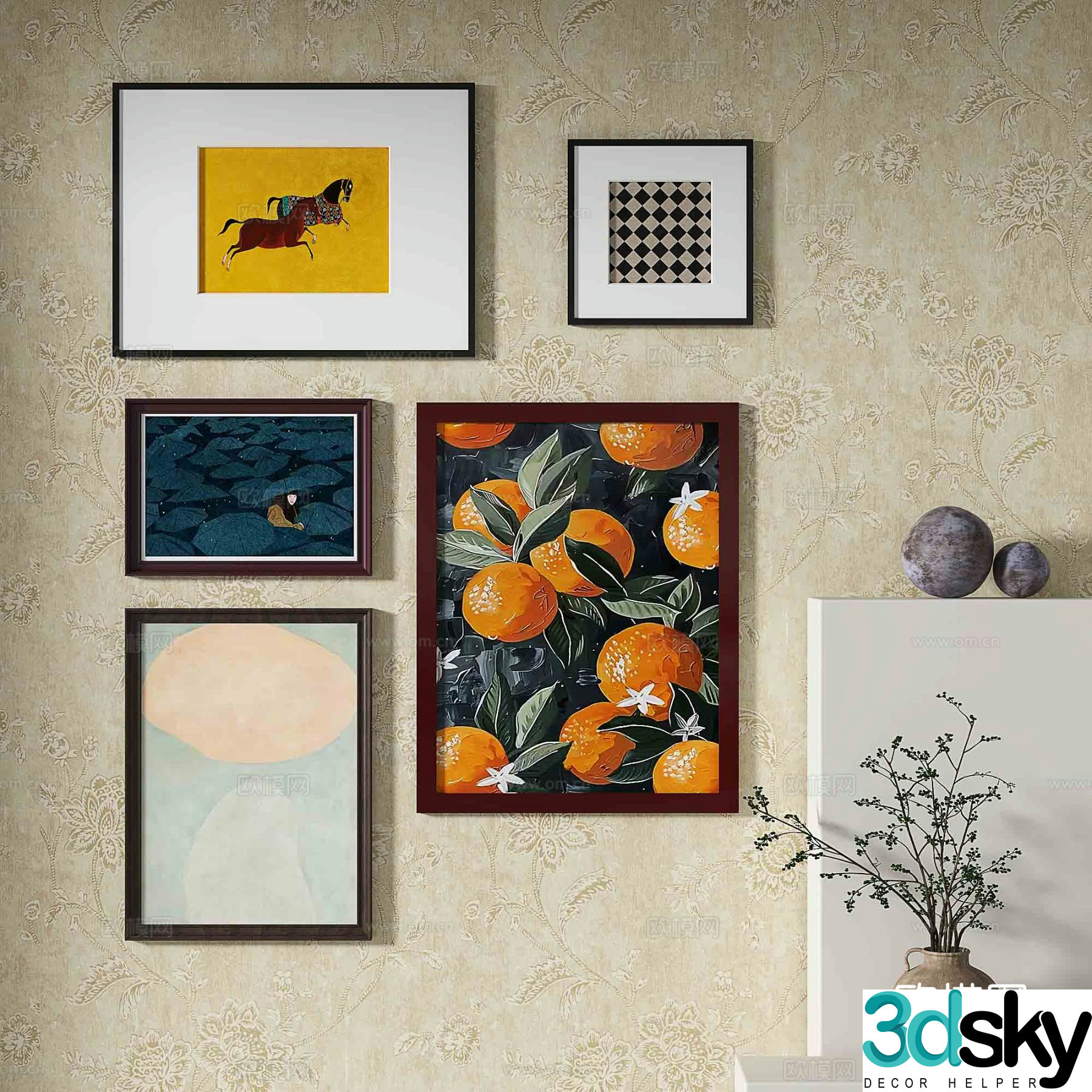 Nordic decorative painting retro painting combined hanging painting 3D model