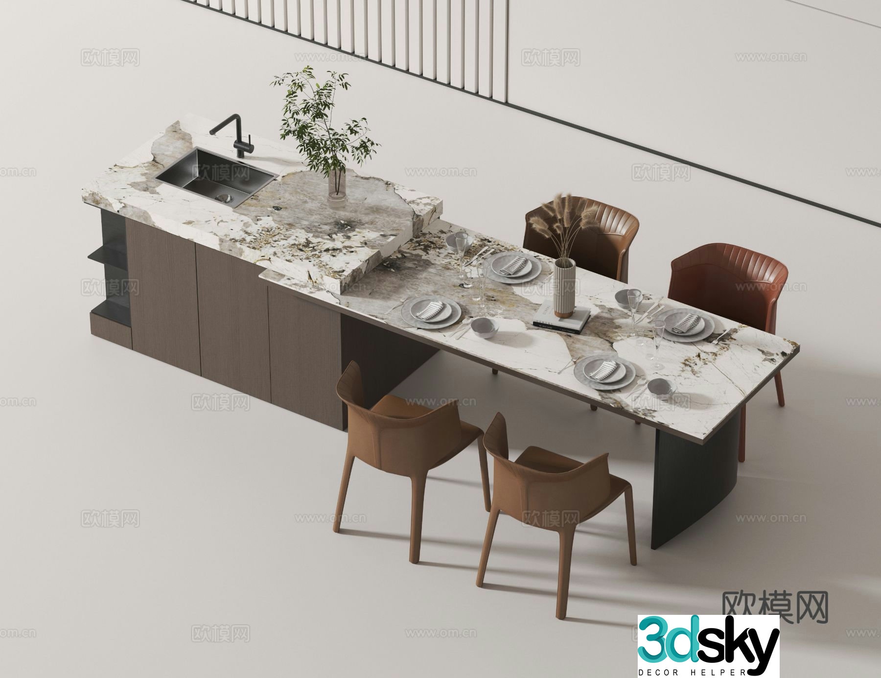 Island dining table and chairs marble dining table 3d model