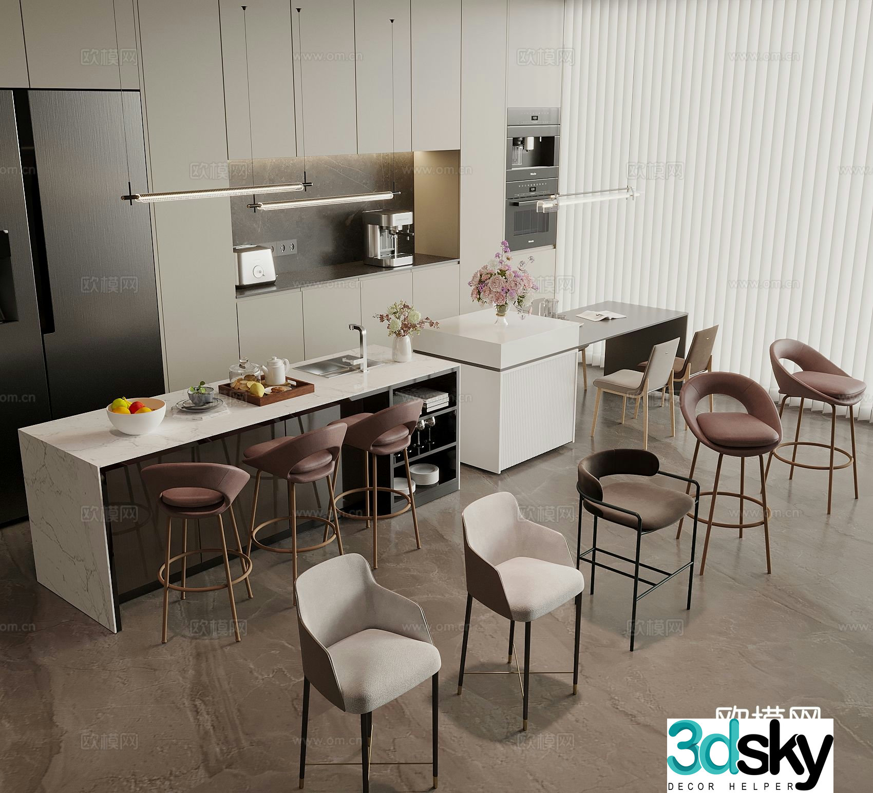 Modern island table dining table dining chair bar table 3D model