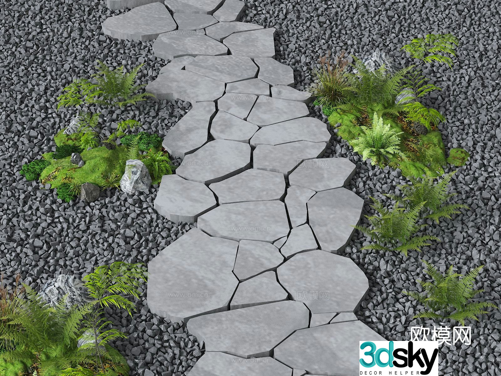 Bluestone slab Tingbu stone green plant landscaping 3D model