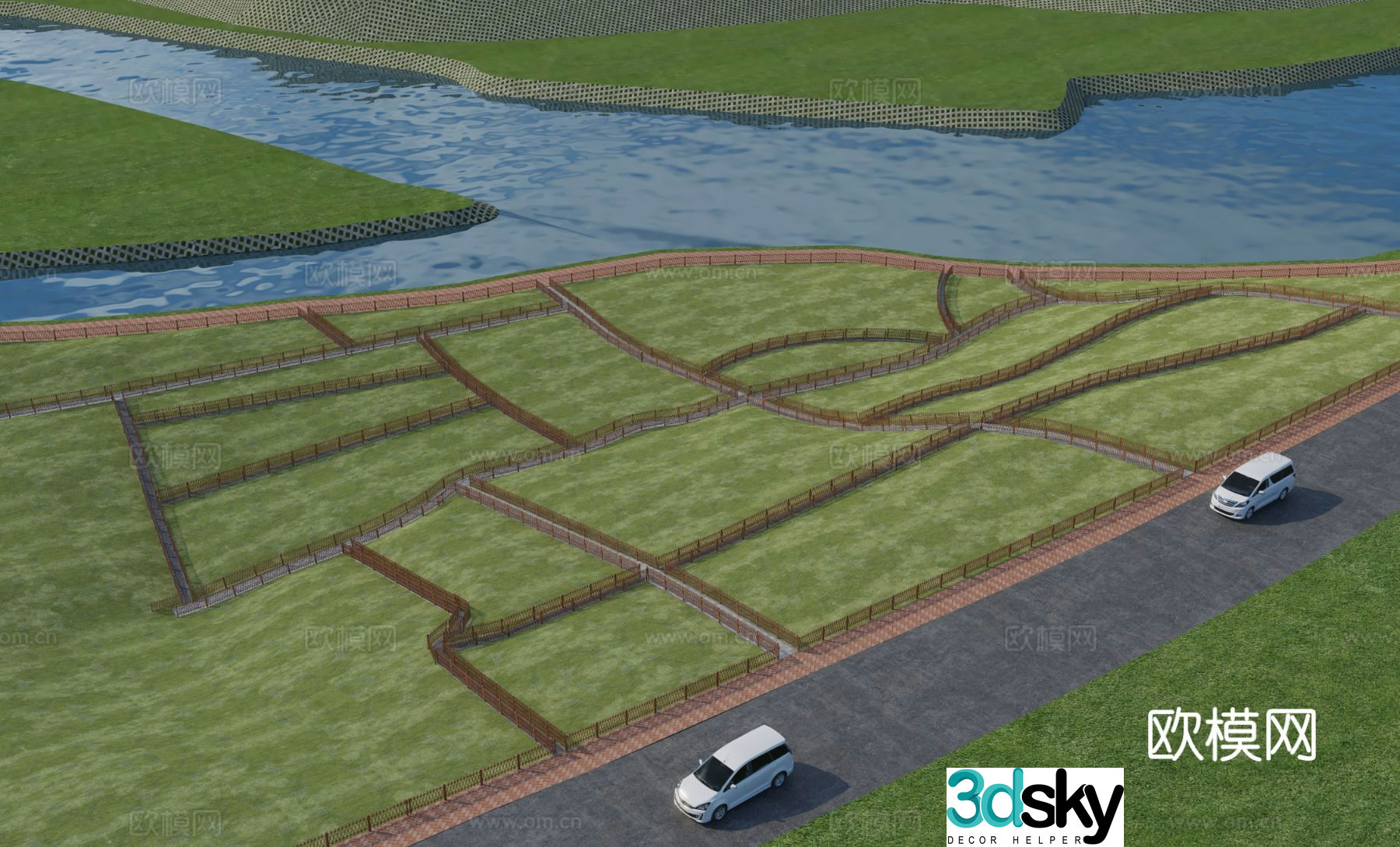 Modern landscape plank road observation deck 3D model