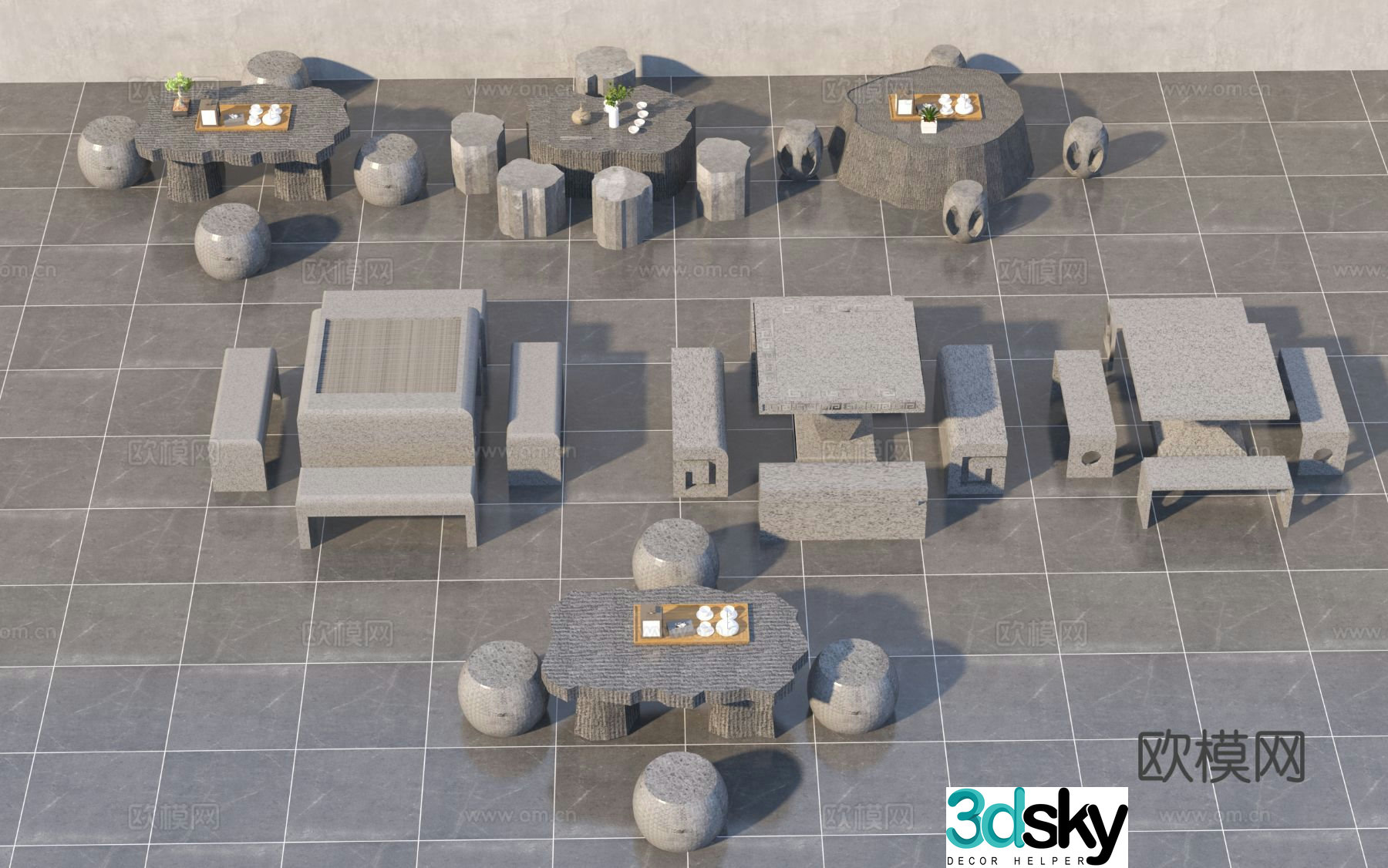 New Chinese style outdoor tables and chairs stone tables and chairs 3d model
