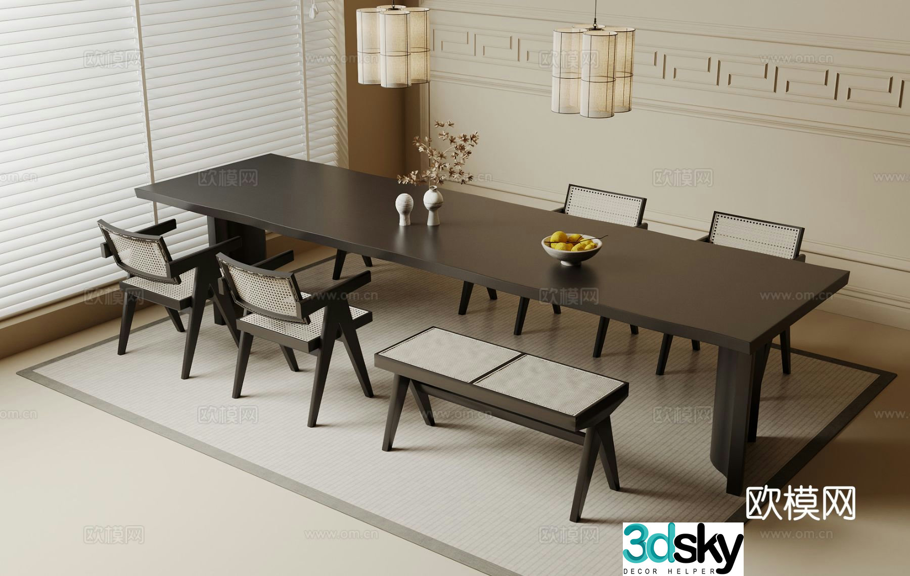 Wabi-sabi style dining table and chairs 3d model