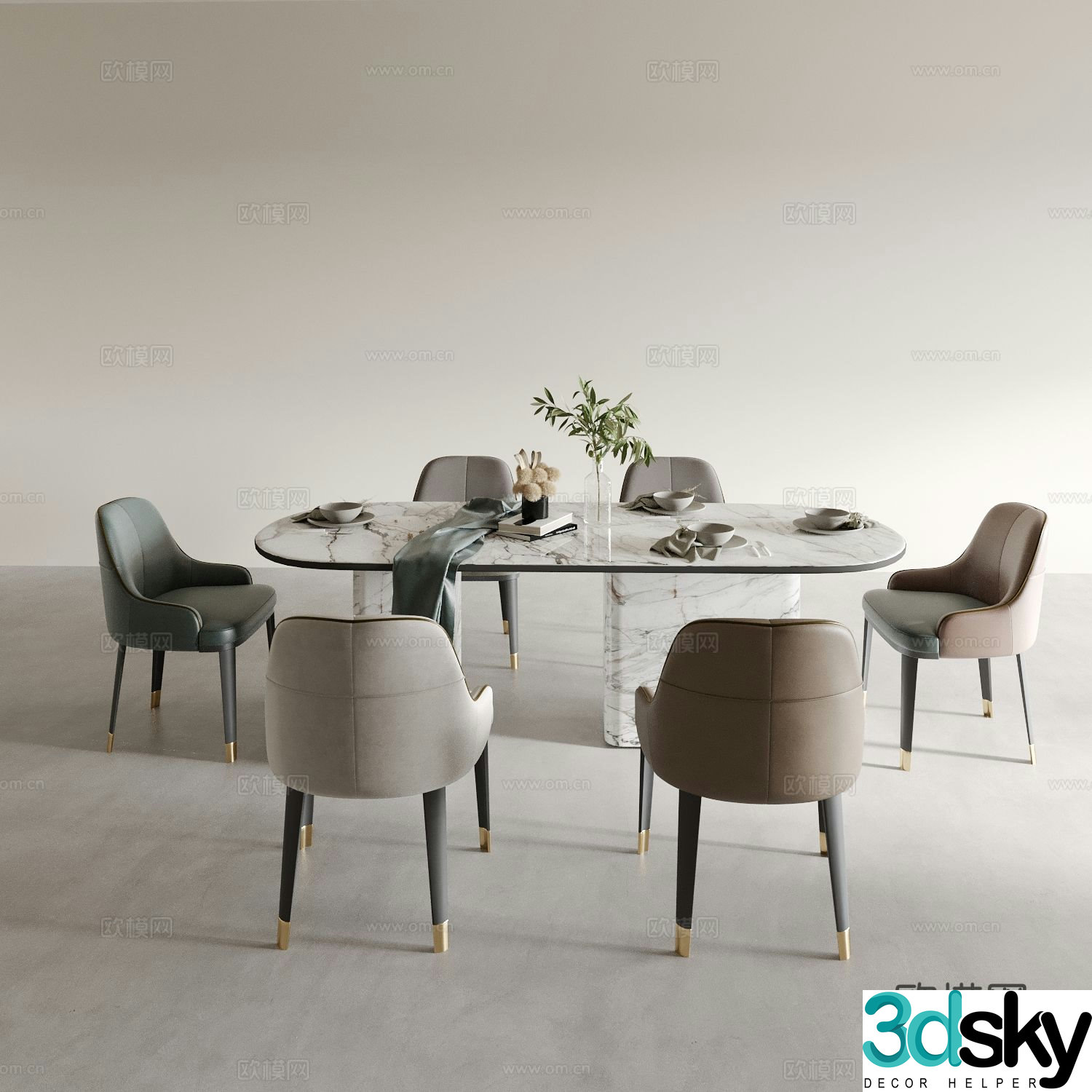 Oval dining table and chairs marble dining table 3d model