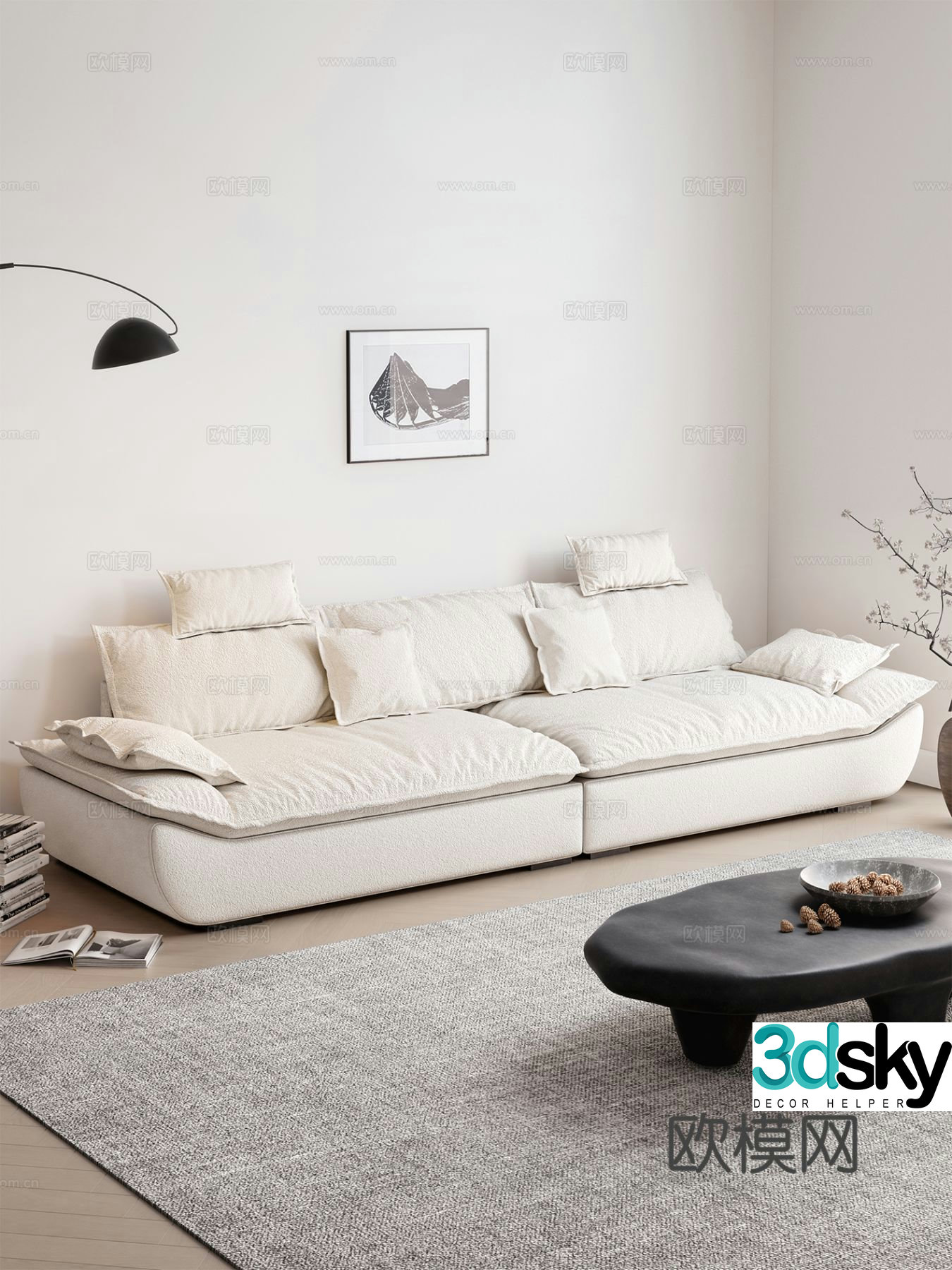 Italian minimalist three-person sofa fabric sofa sailing sofa 3D model