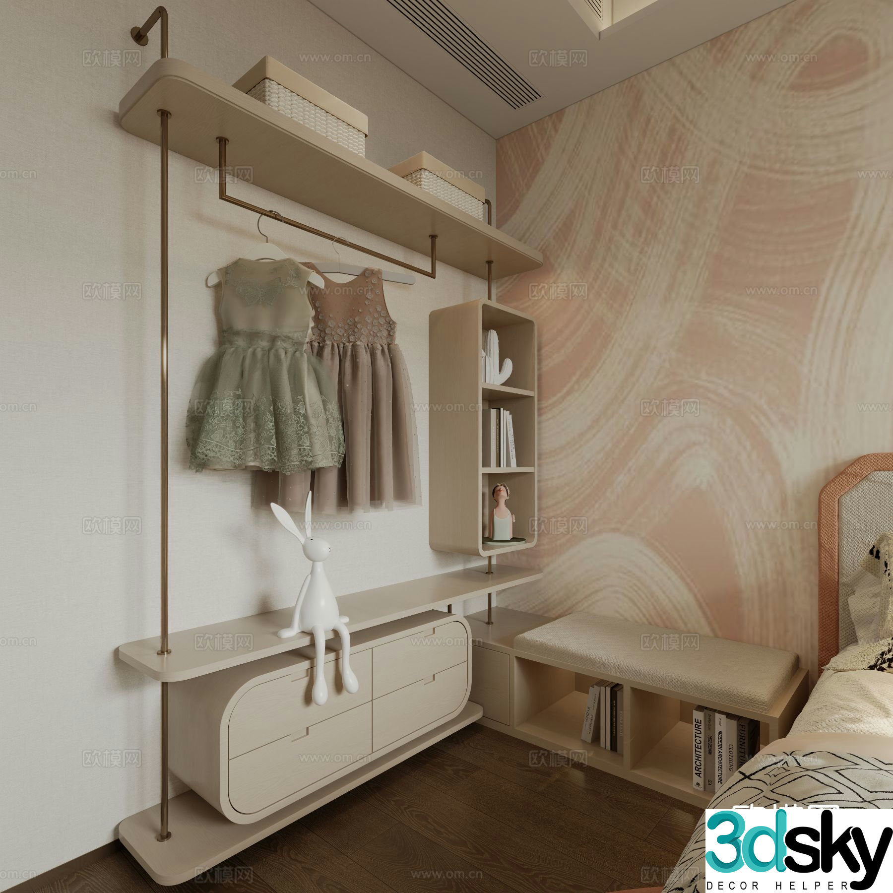 Doorless wardrobe bedside table integrated cabinet 3d model
