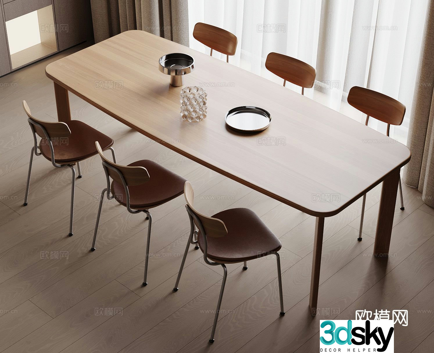 3D model of log style dining table and chairs