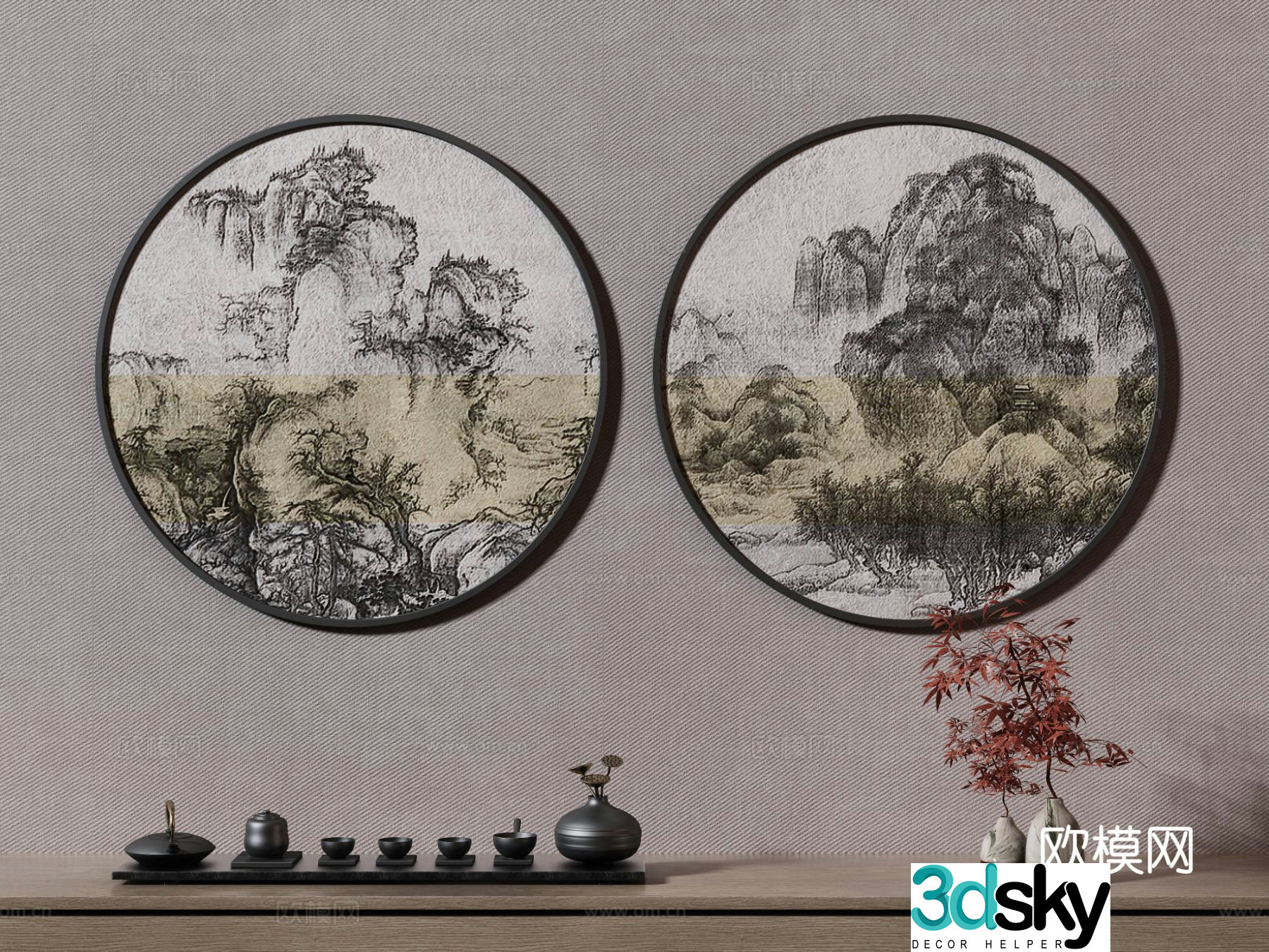 New Chinese style decorative painting tea set round hanging painting 3d model