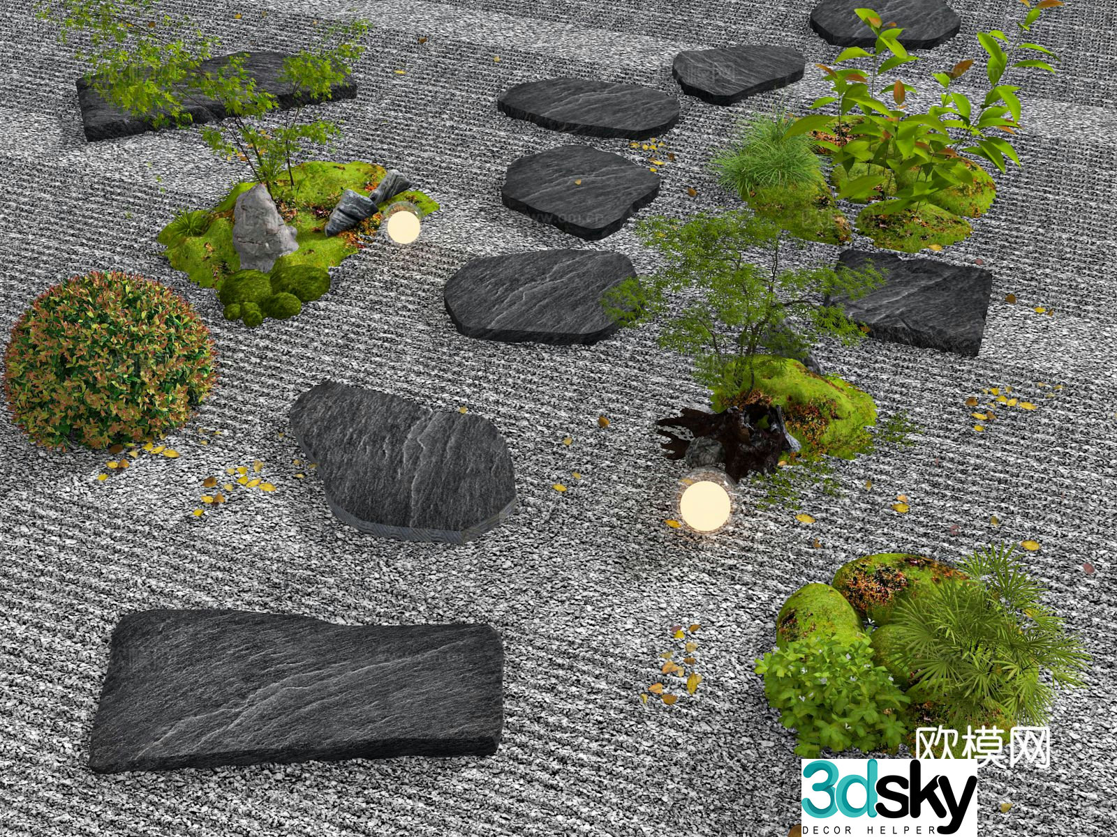 New Chinese style bluestone slab Tingbu stone green plant landscaping stone sketch 3D model