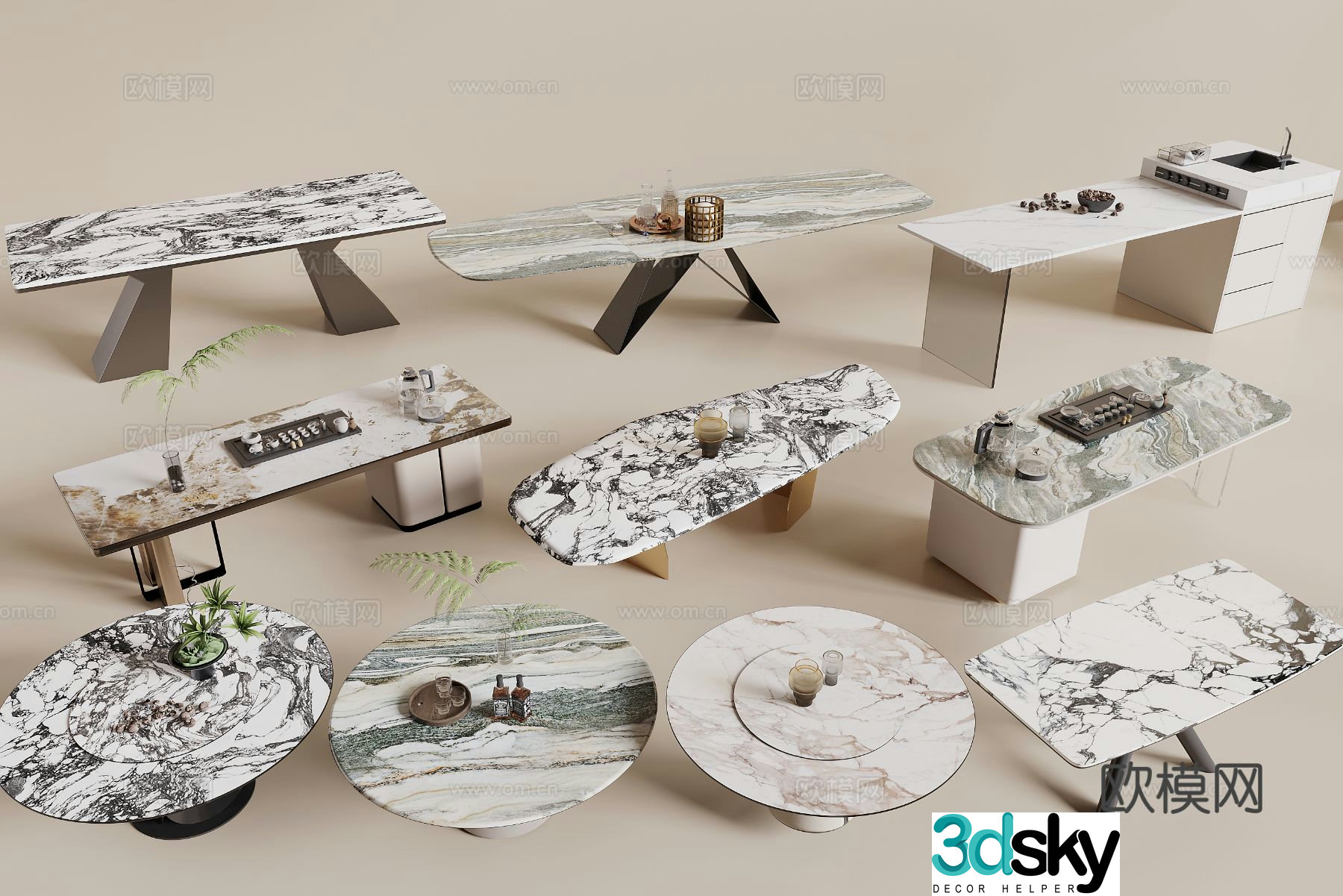 Marble dining table round dining table slate dining table 3d model