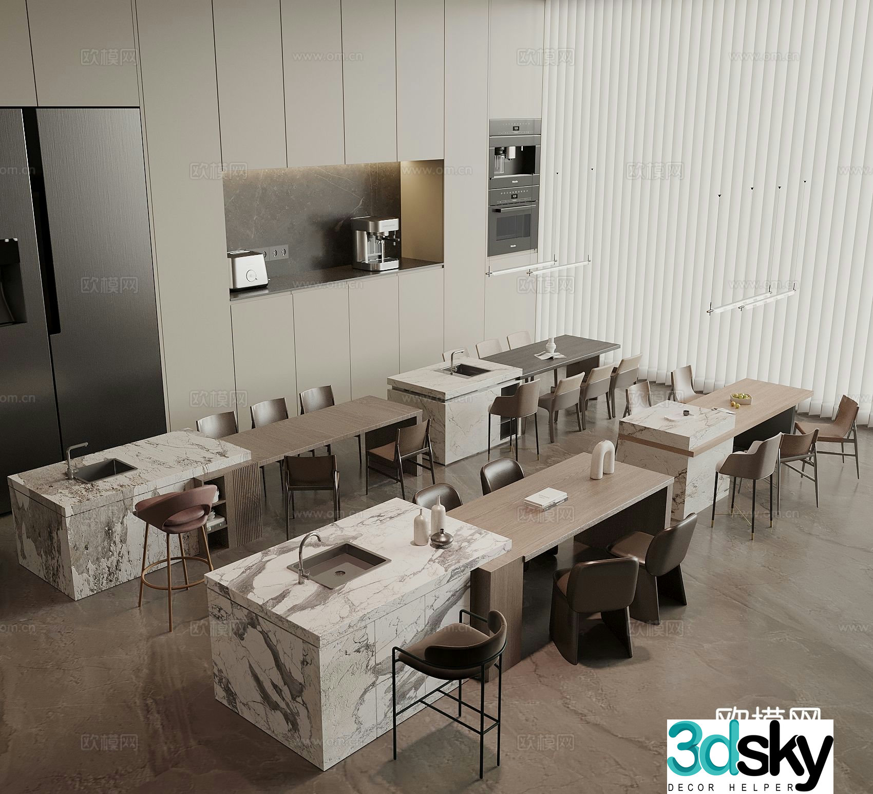 Modern island dining table and chairs 3d model