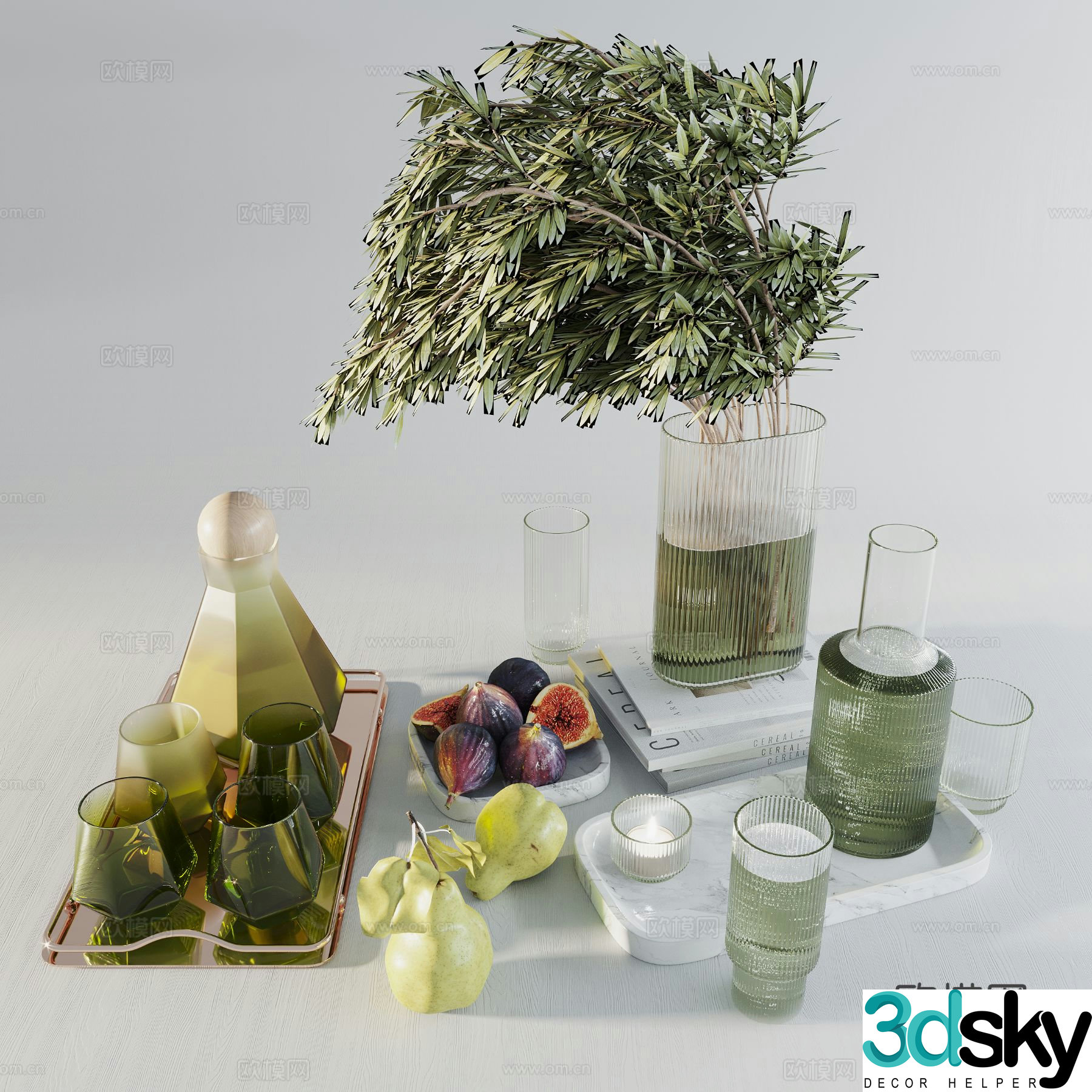 Modern glass vase green plants kettle cup tea tray 3D model