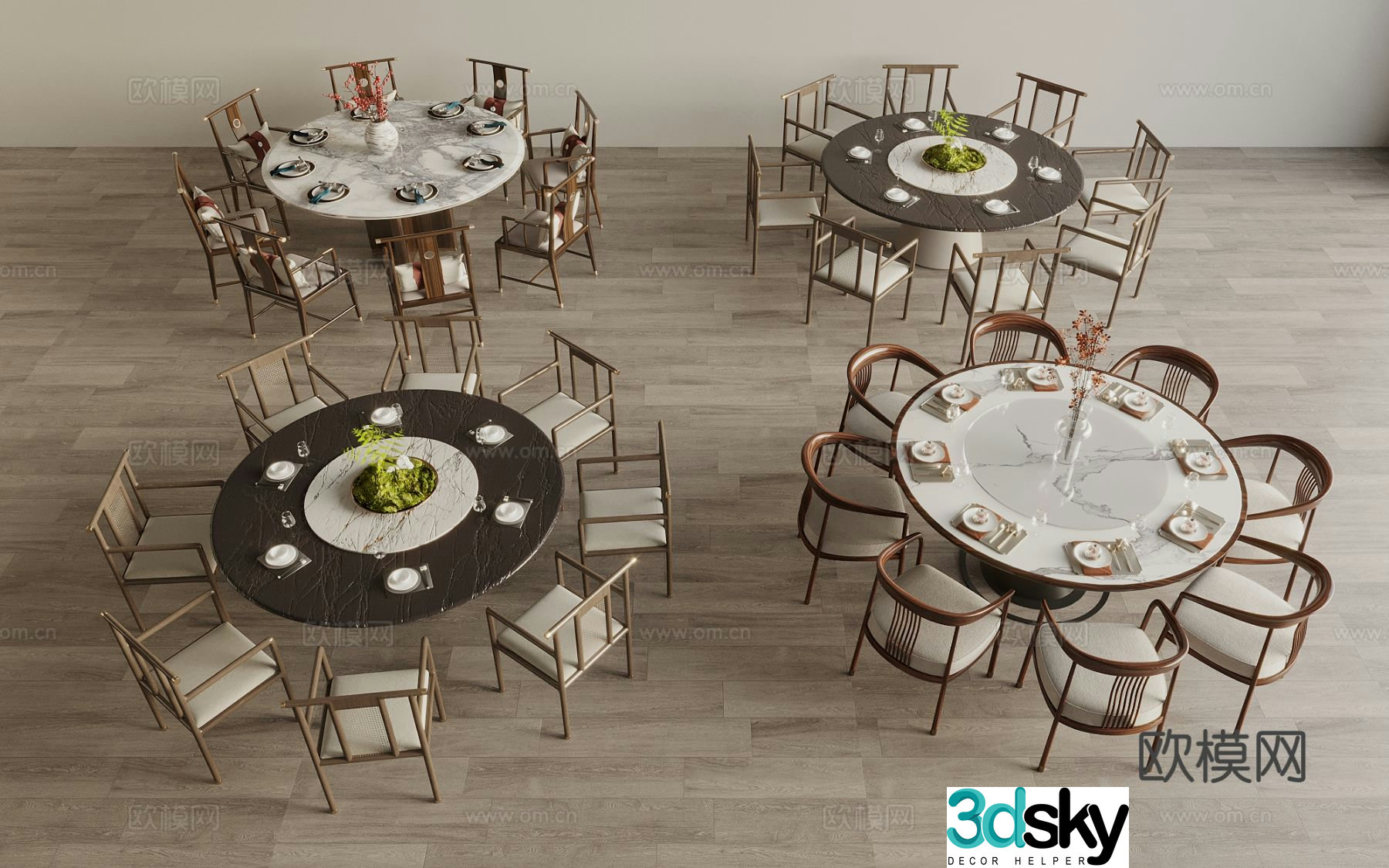 New Chinese style box dining table and chairs round dining table 3D model