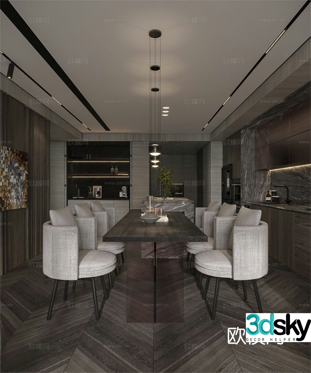 Italian light luxury restaurant open kitchen 3D model
