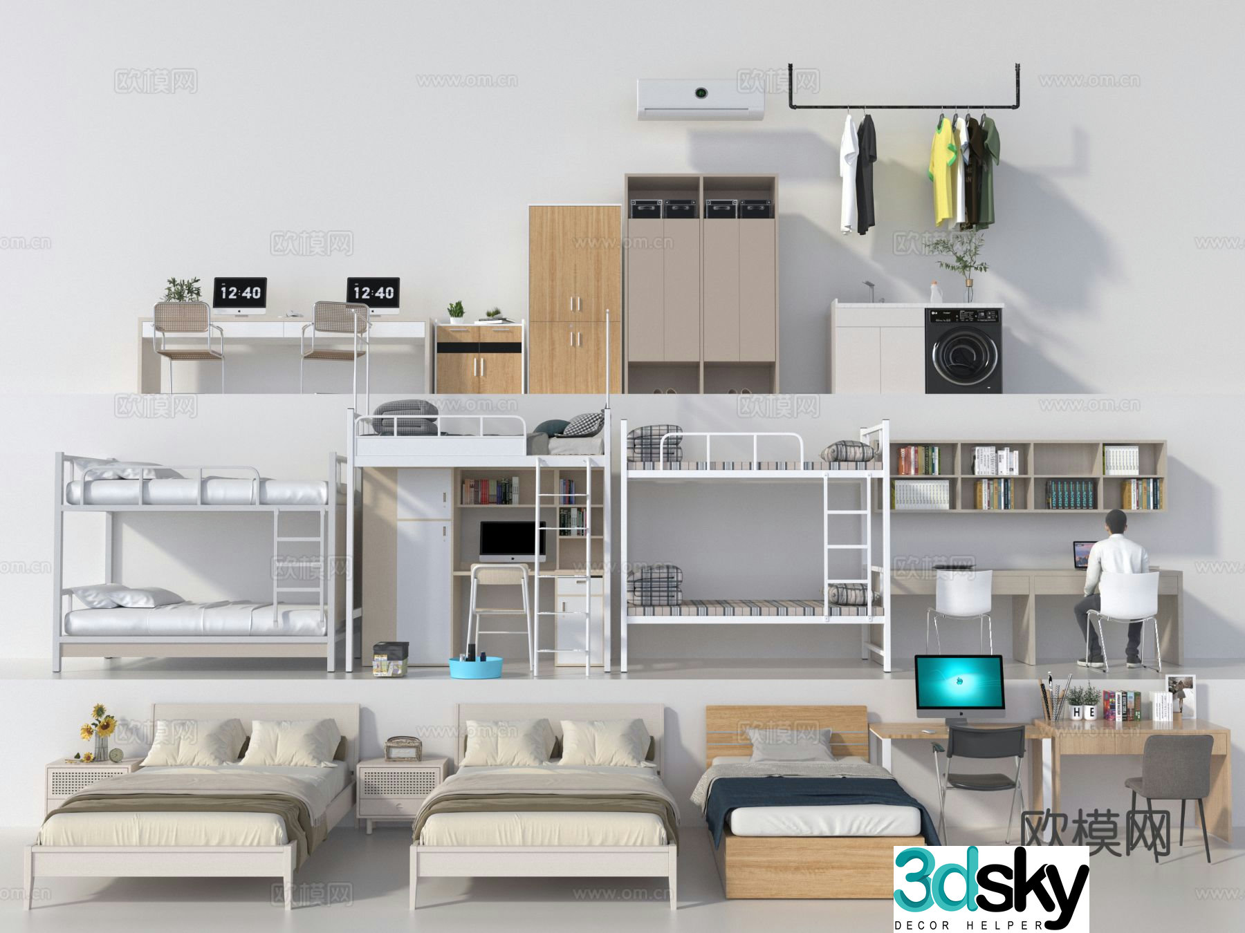 Dormitory bunk bed desk bunk bed 3d model