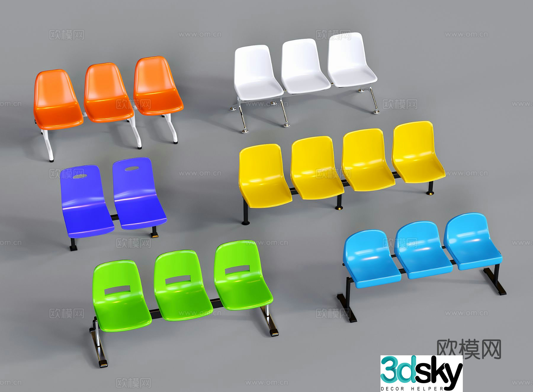 Modern public chairs plastic row chairs waiting chairs outdoor rest seats 3D model