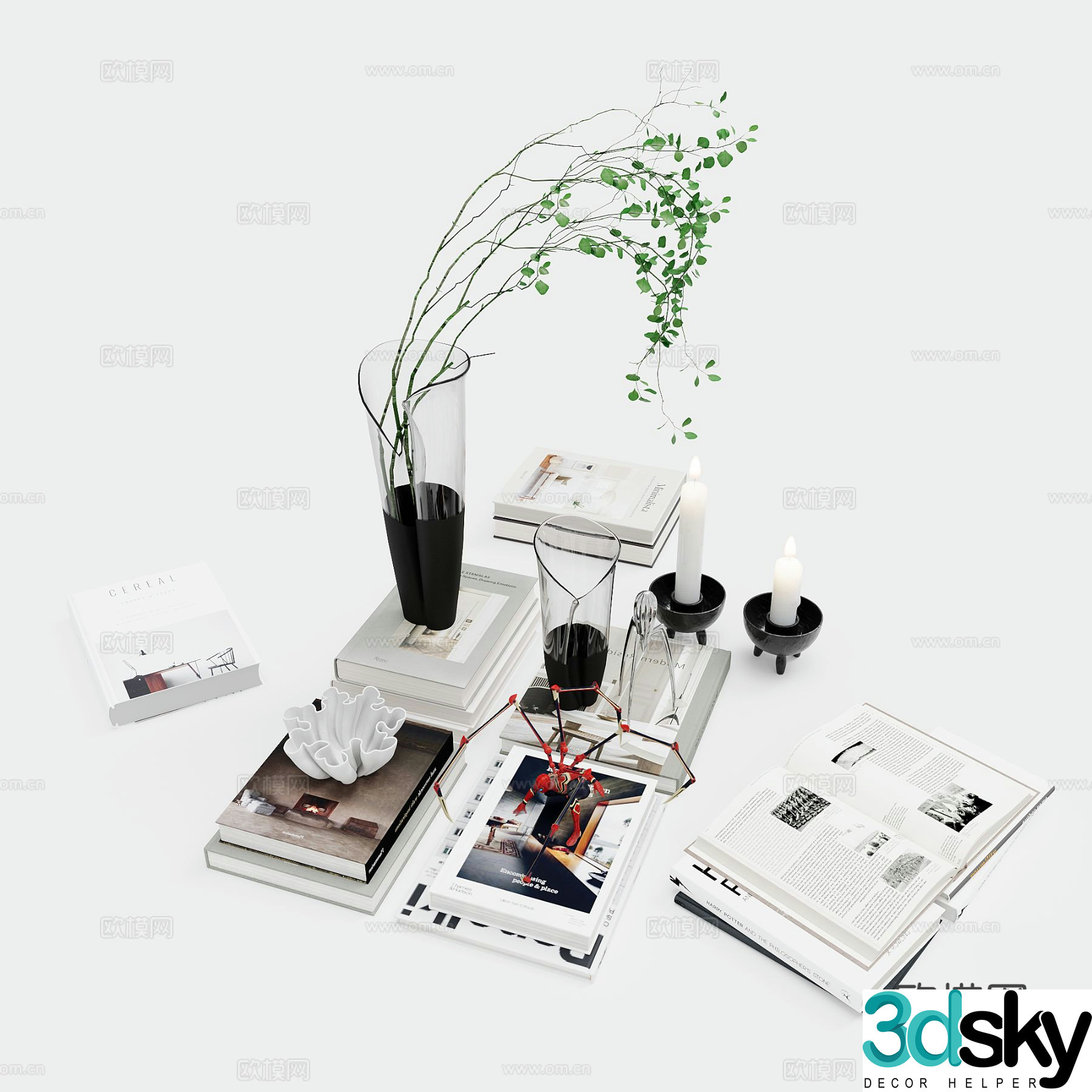 Modern decorations tableware books vases 3D model