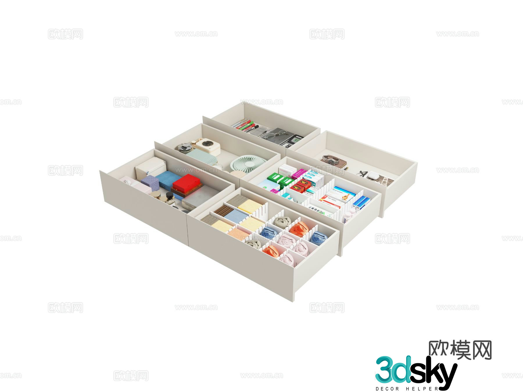 Modern drawer objects storage drawers stationery glasses clips 3d model