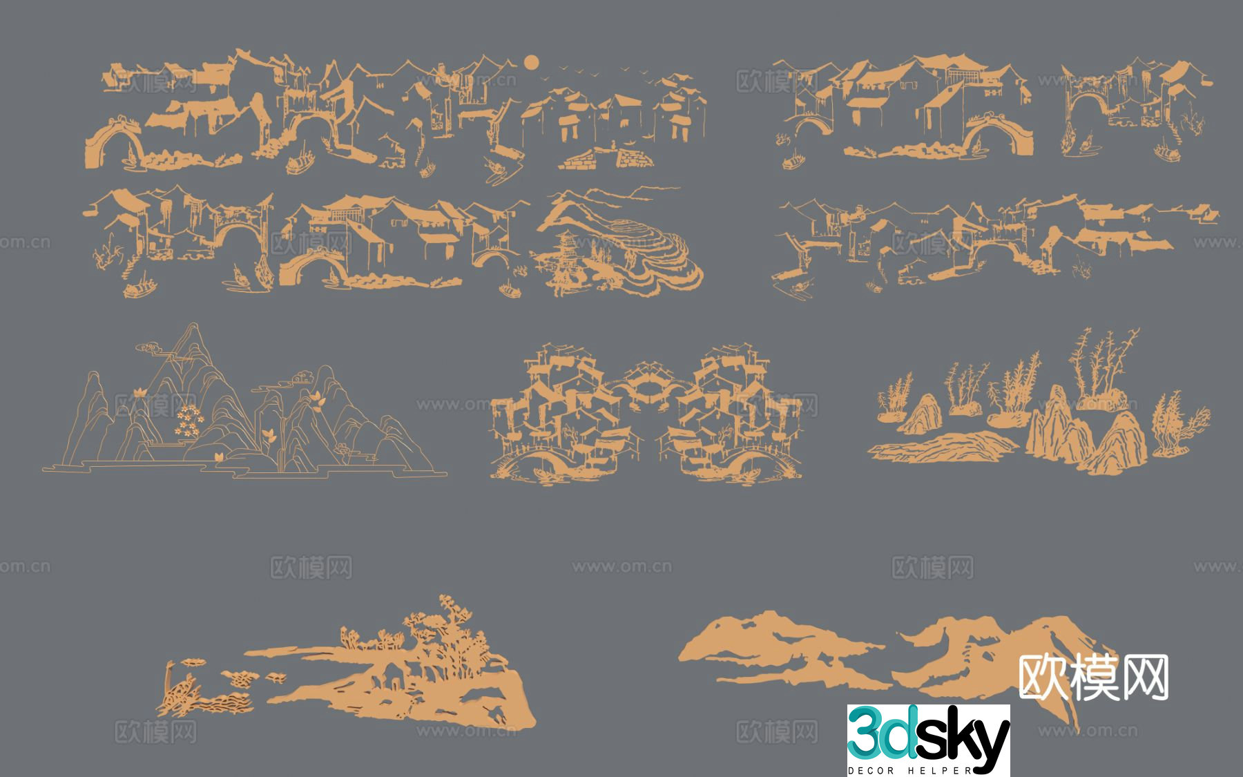New Chinese style wall decoration mountain silhouette hanging decoration 3d model