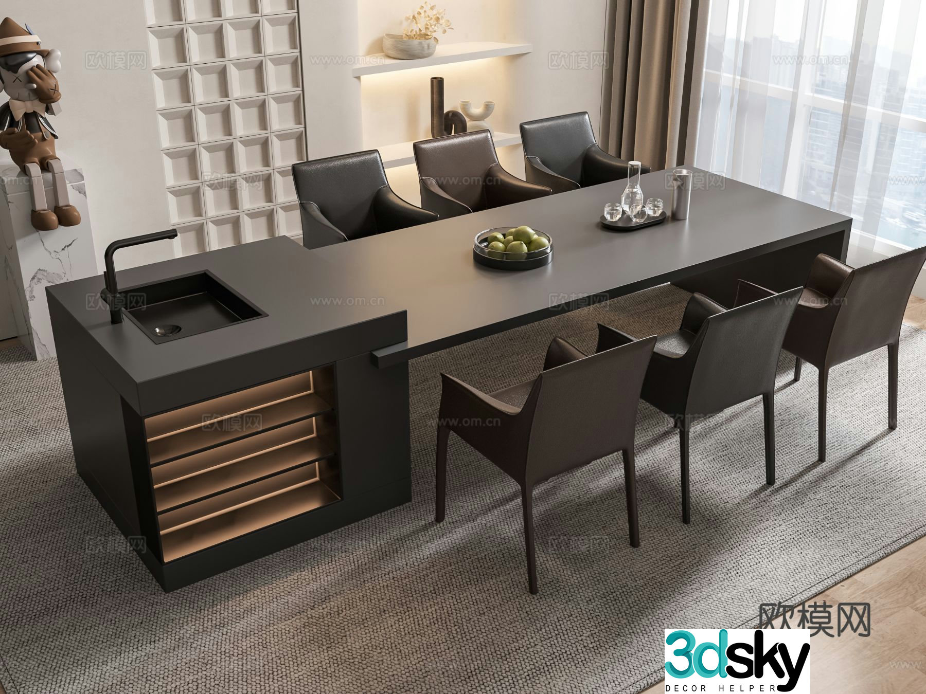 Italian island dining table and chairs 3d model
