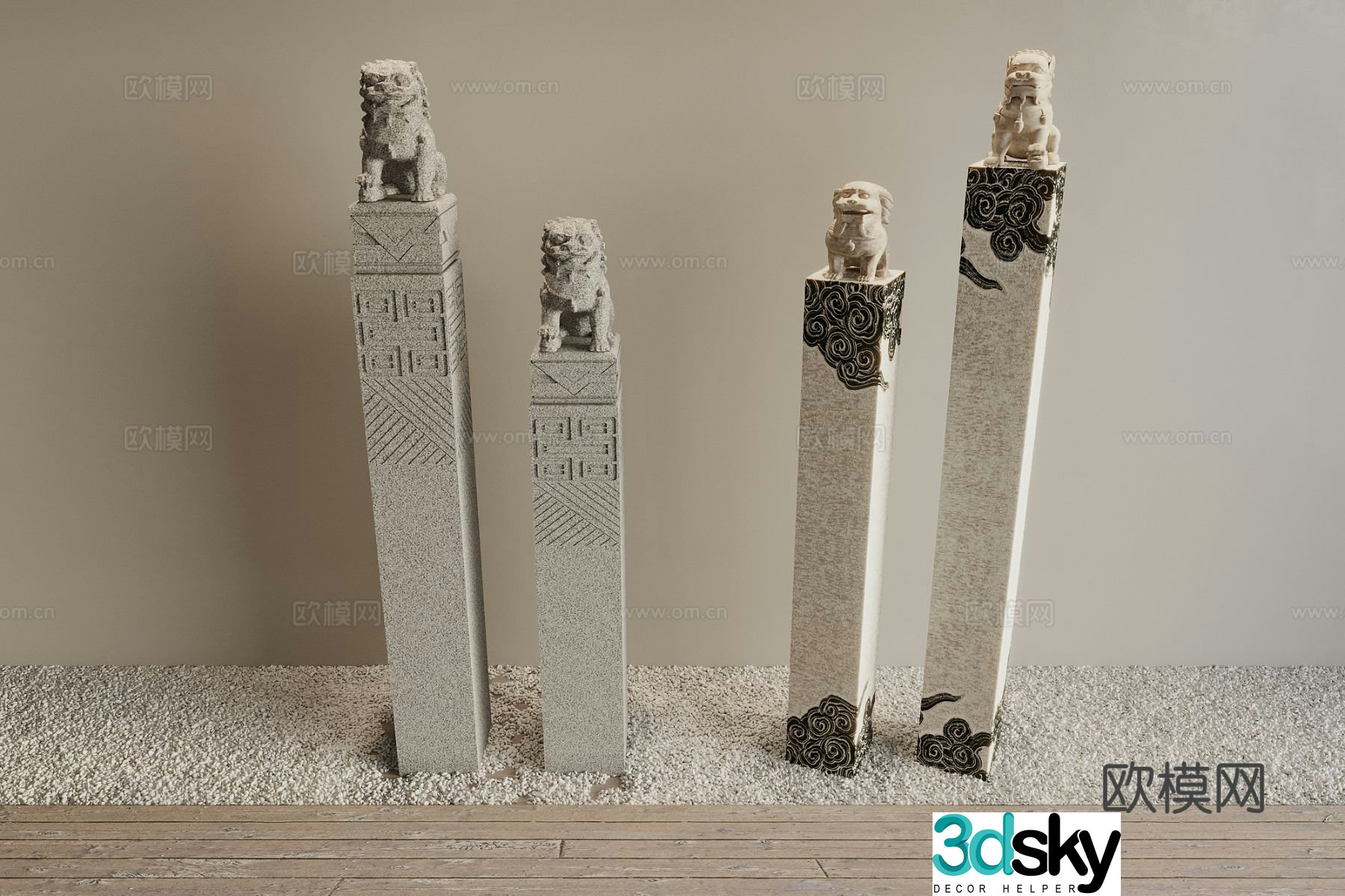 Chinese horse tethering stake stone lion 3D model