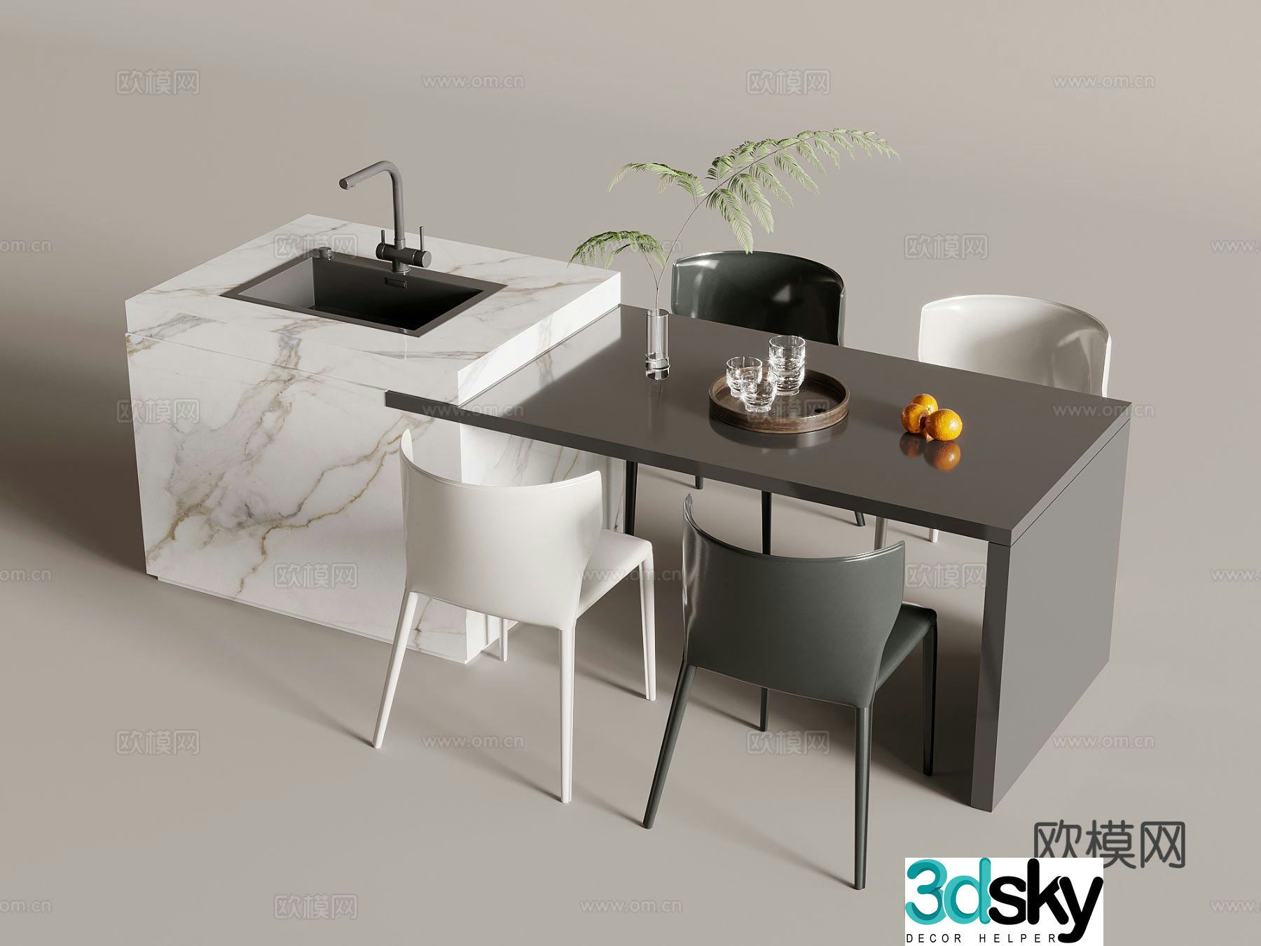 Modern island dining table and chairs 3d model