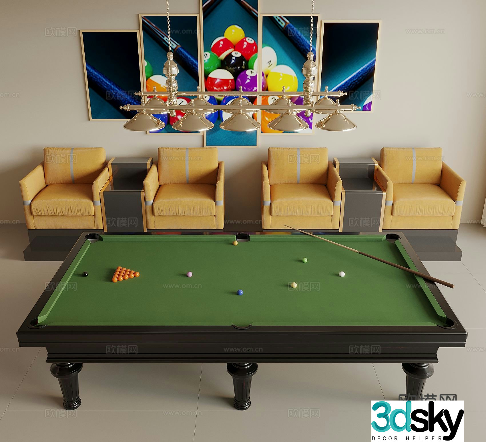 Pool table pool cue billiards leisure chair 3d model