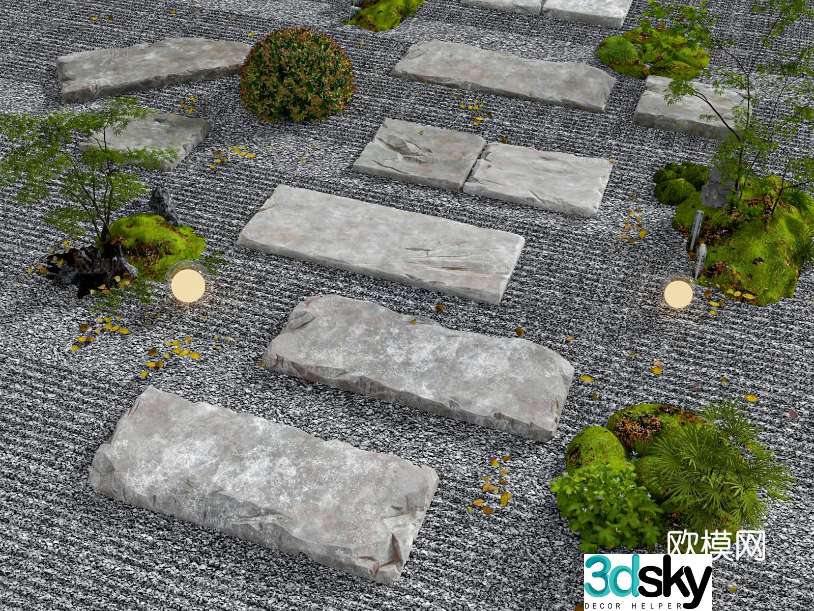 New Chinese style bluestone slab Tingbu stone green plant stone sketch 3D model