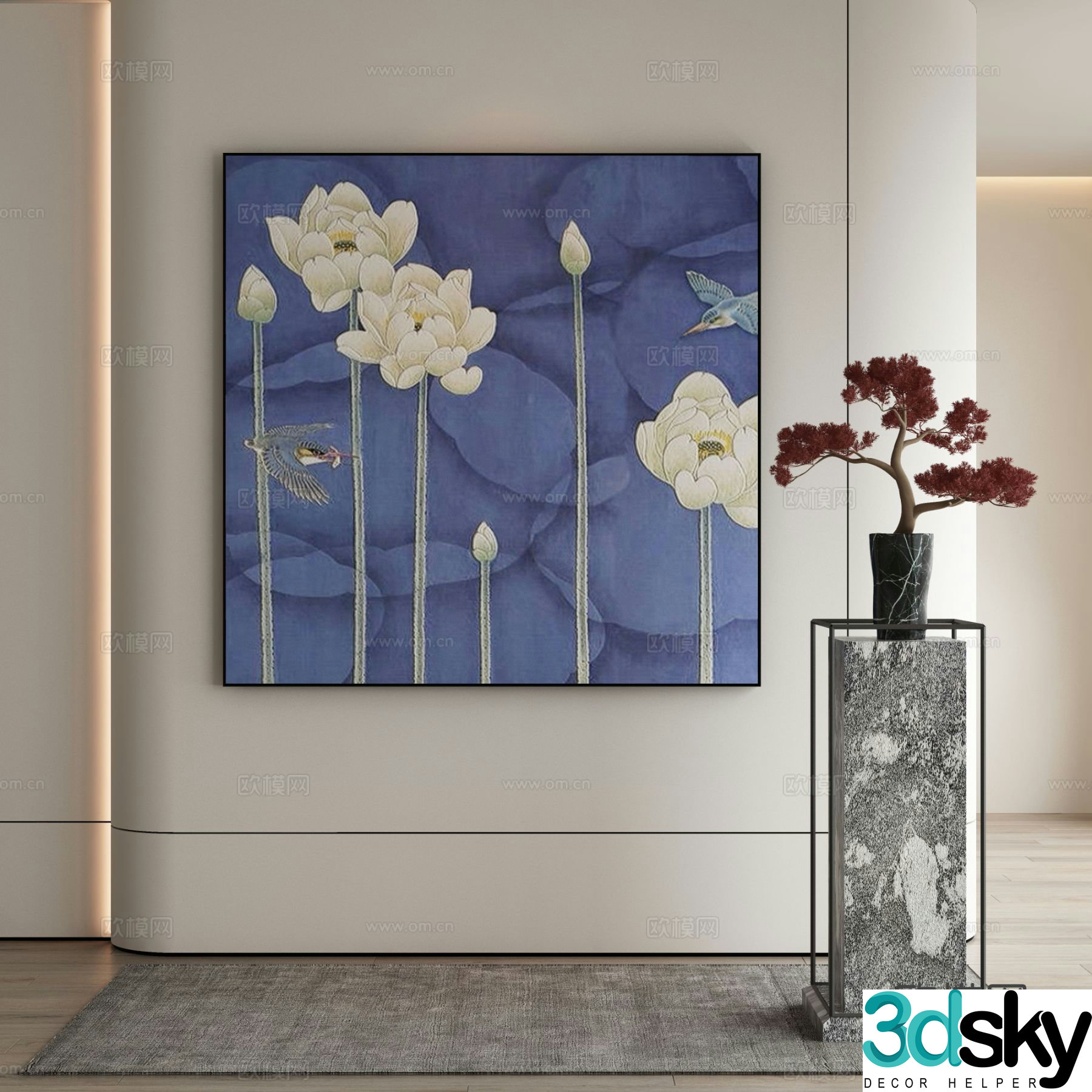 New Chinese style decorative painting white lotus hanging painting 3d model