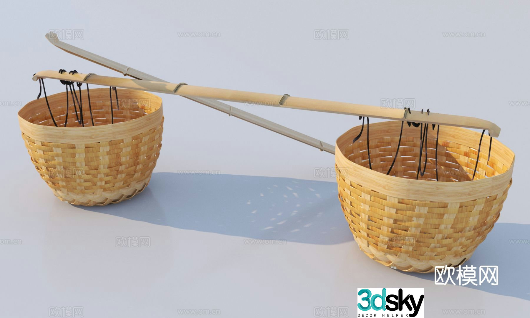Chinese sketch 3D model of shoulder pole and basket