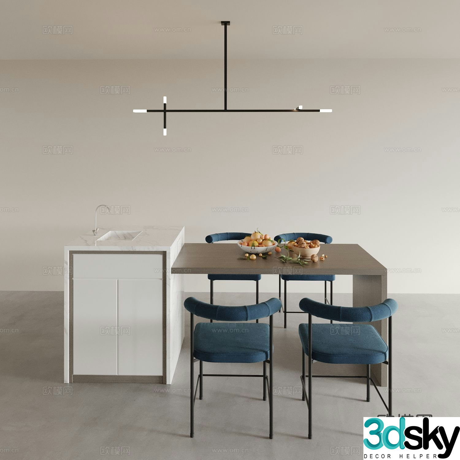 Island dining table and chairs 3d model