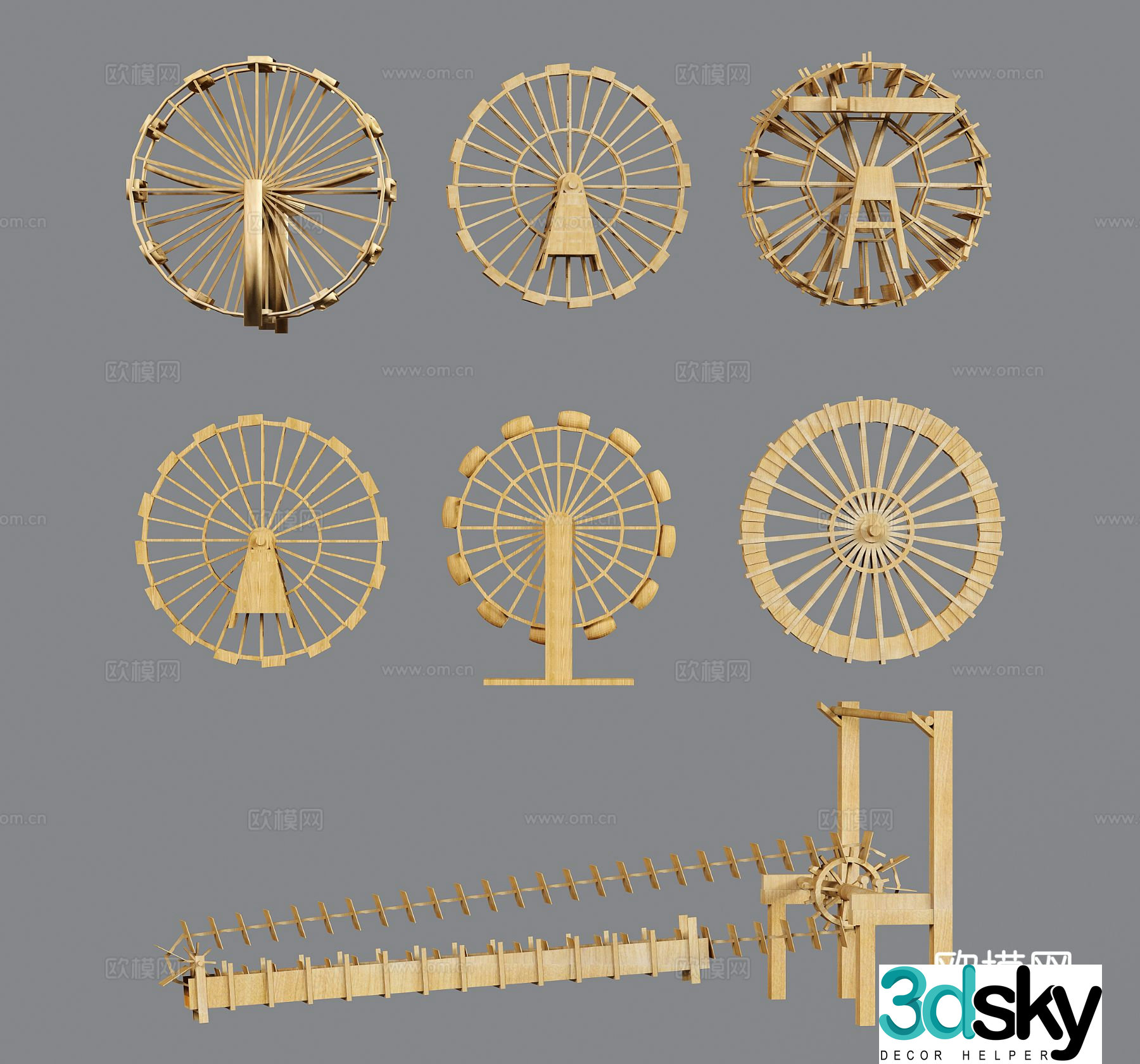 New Chinese-style waterwheel irrigation farm tools pedal waterwheel rural sketch farming sketch 3D model