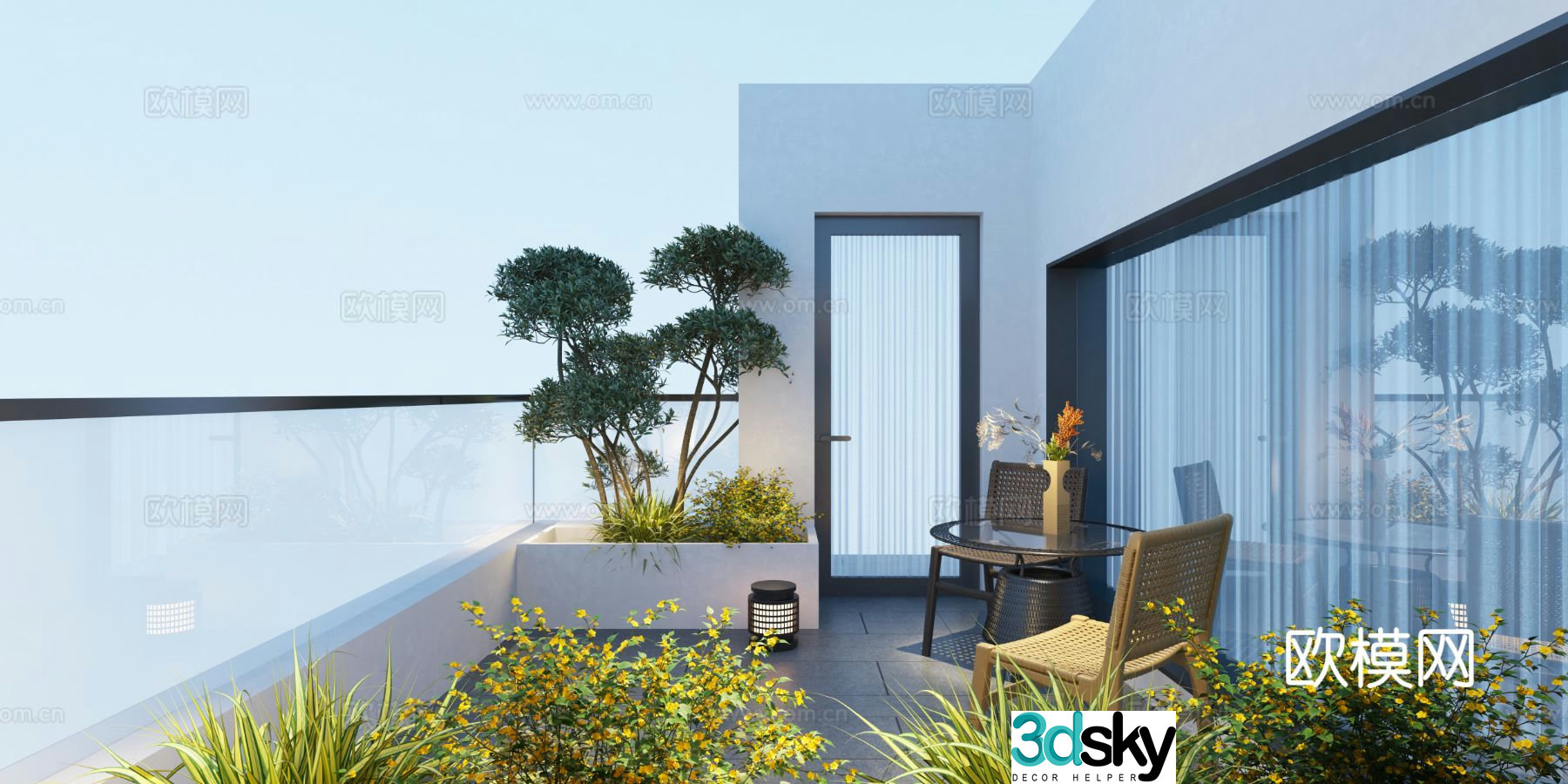 modern roof garden courtyard terrace 3d model