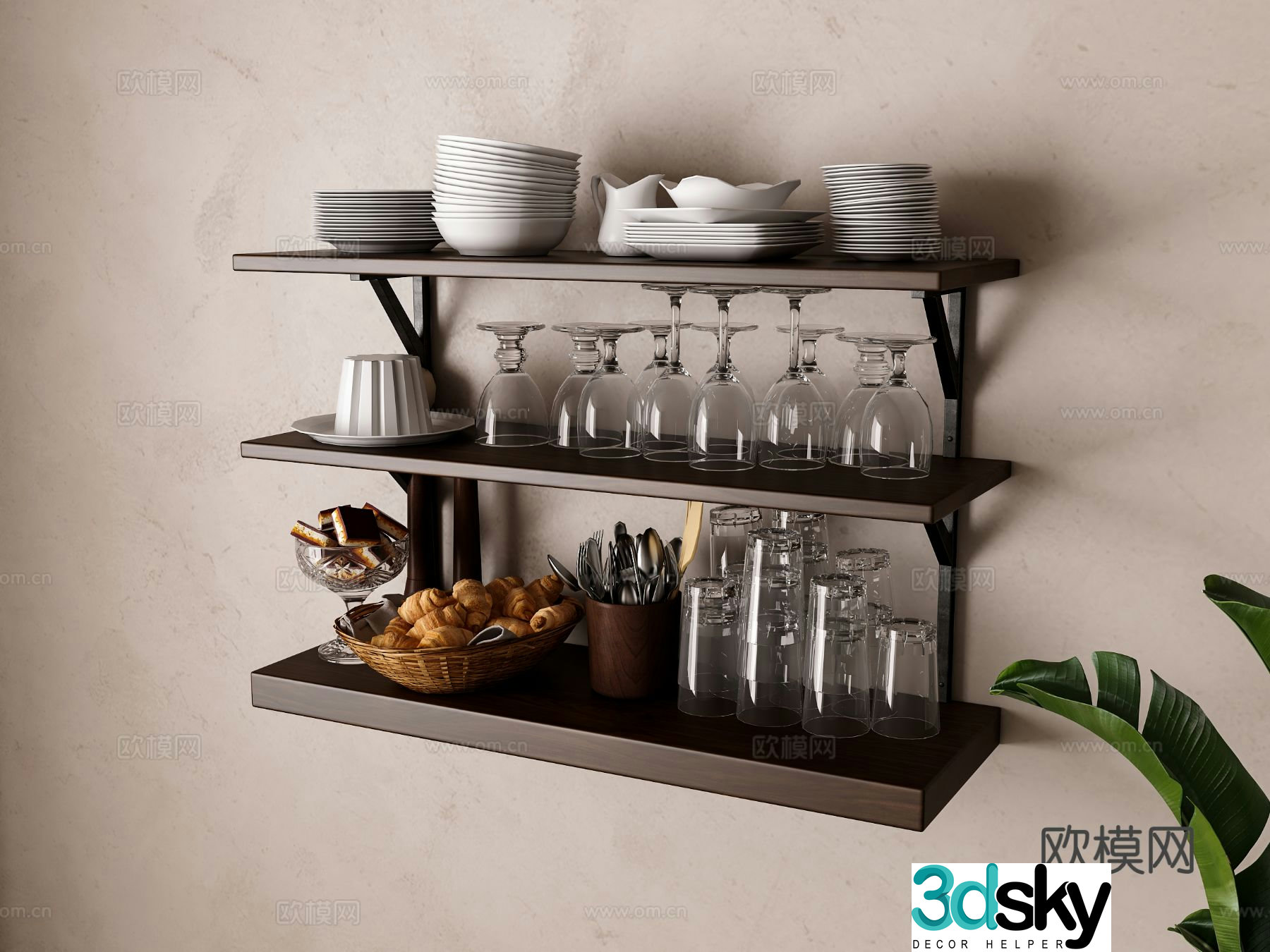European style kitchen wall hanging shelf 3d model