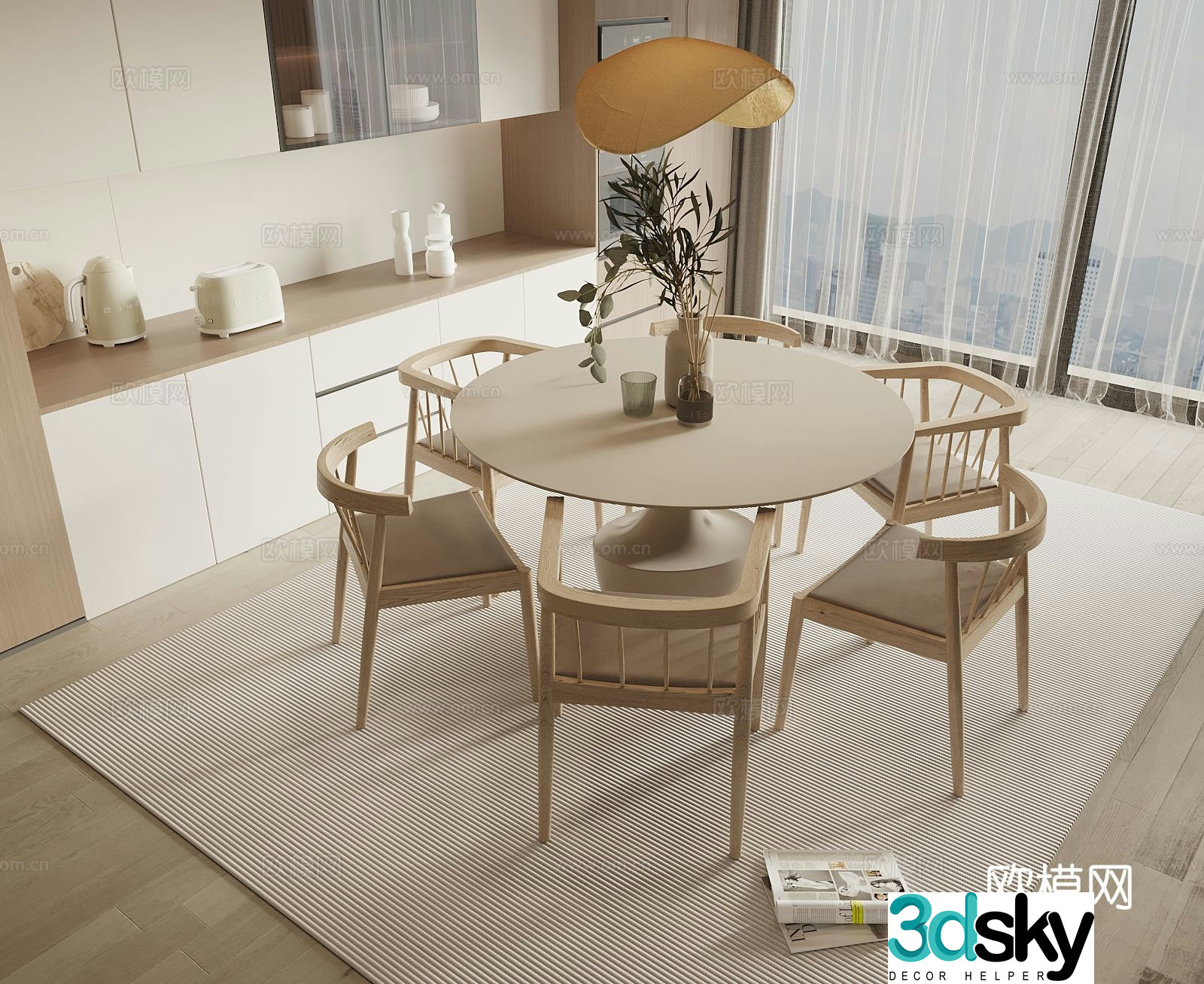 Log style dining table and chairs round dining table 3d model