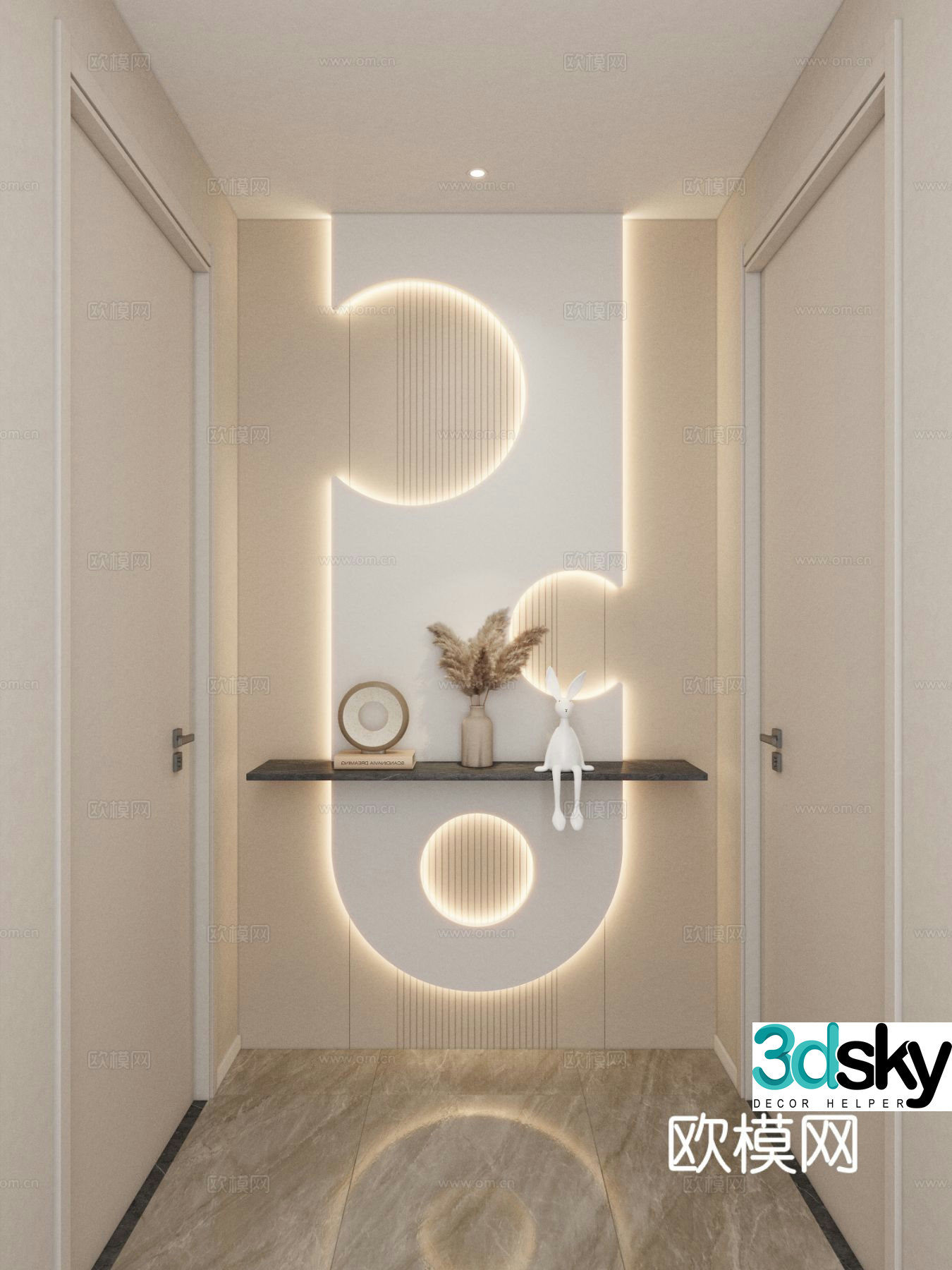 Cream style corridor end view entrance aisle 3D model