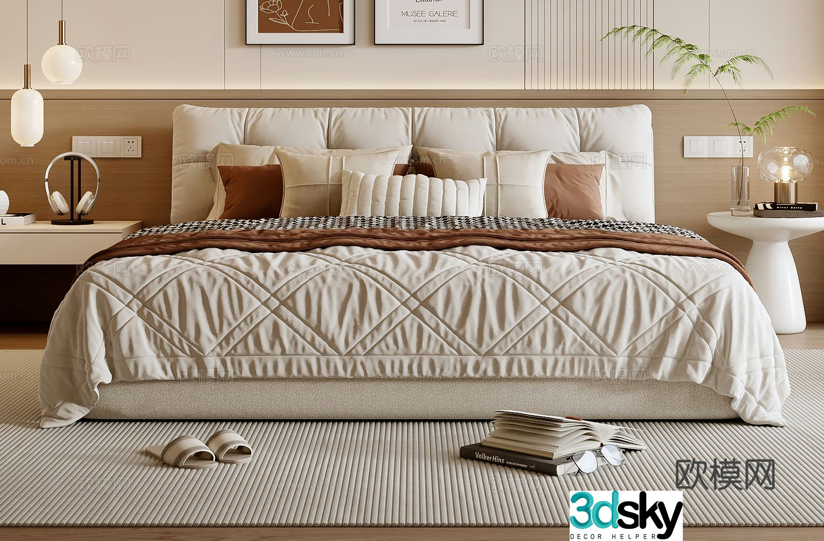 Cream style double bed 3d model