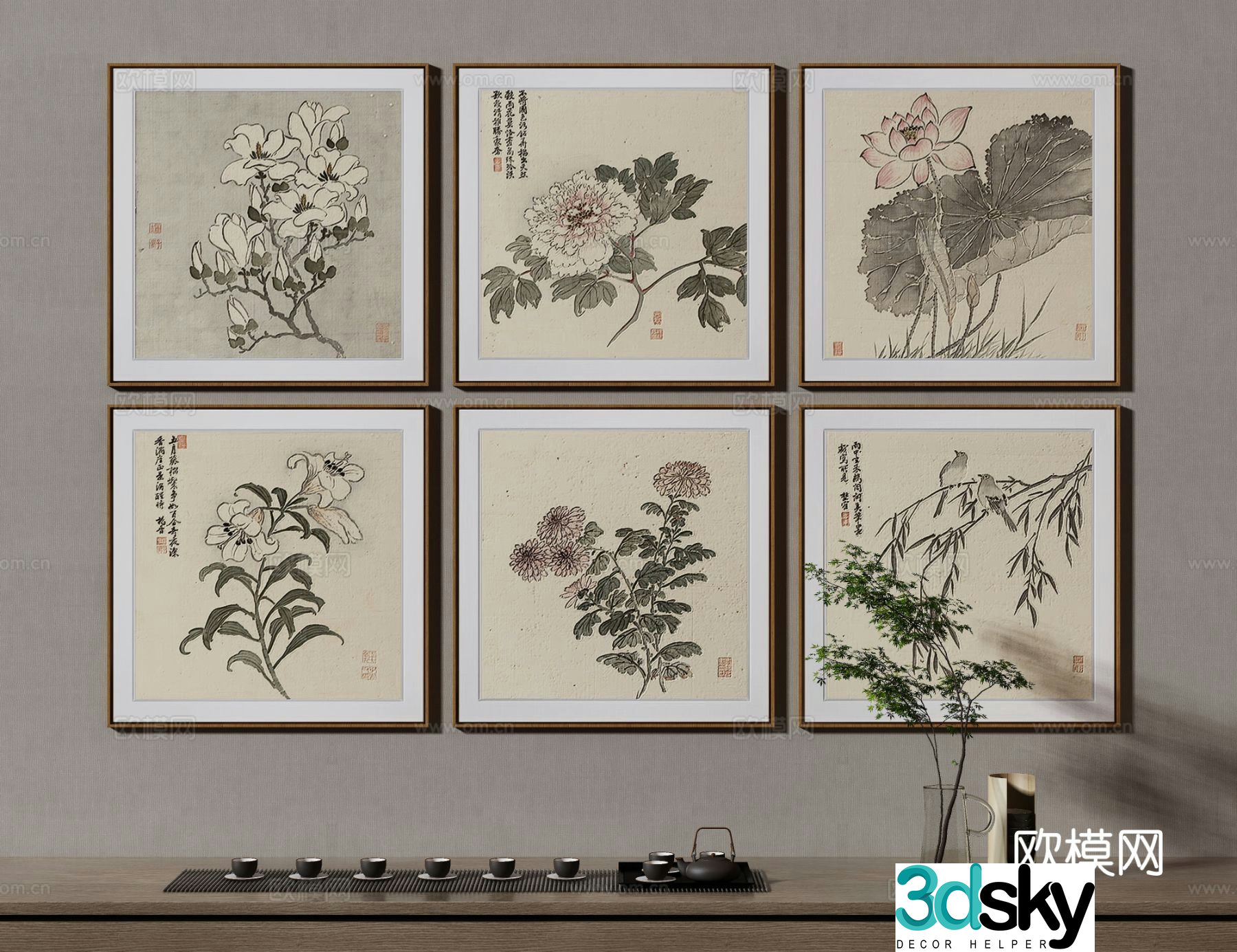 New Chinese style flower painting decorative painting 3d model