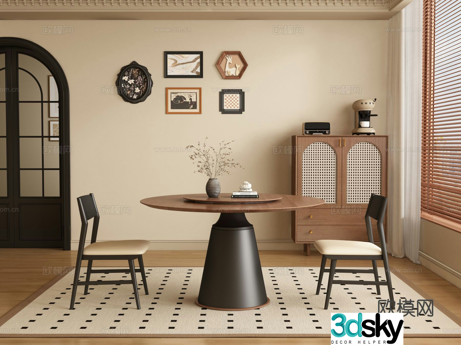 Medieval style dining table and chairs round dining table 3D model