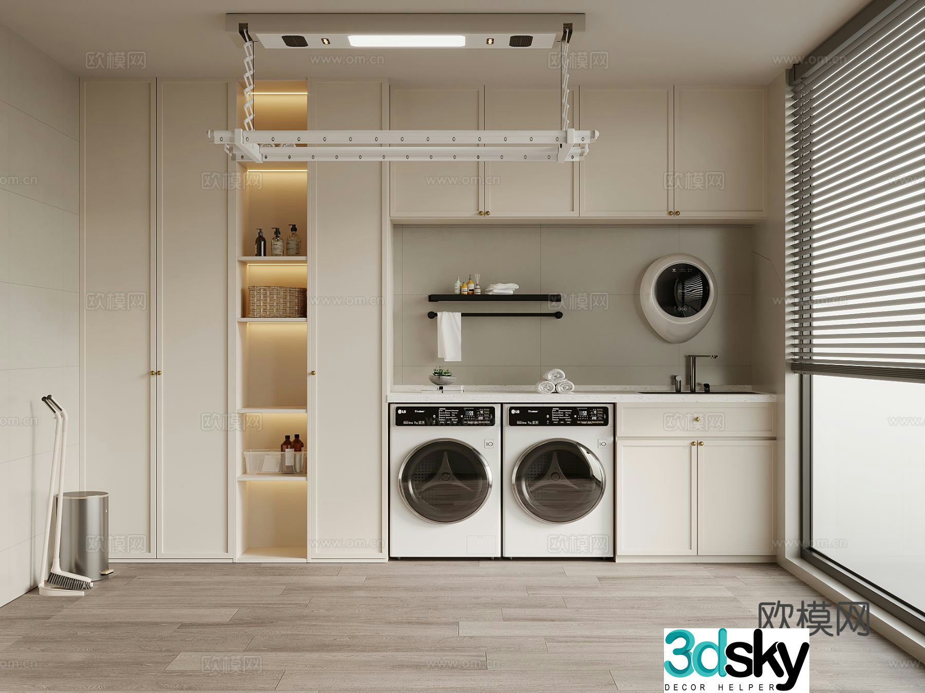 Cream style balcony cabinet washing machine cabinet 3d model