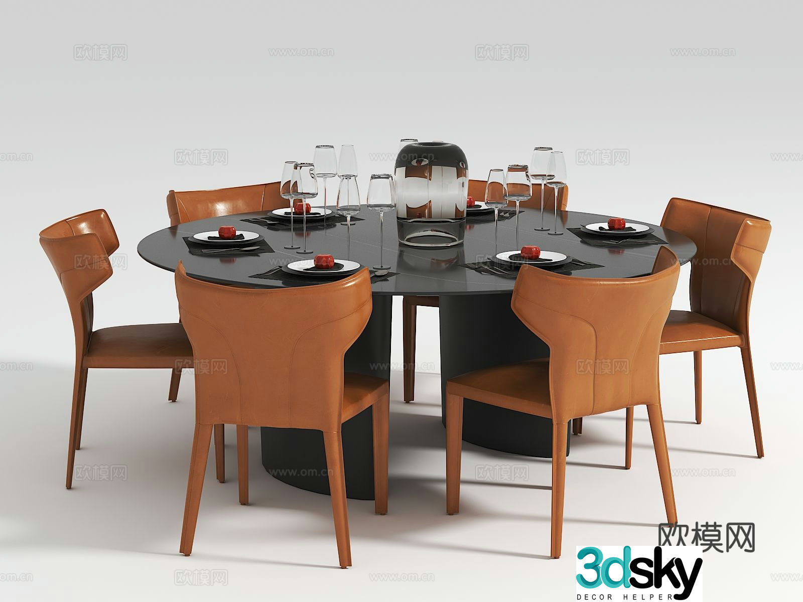 Light luxury round dining table and chairs 3D model