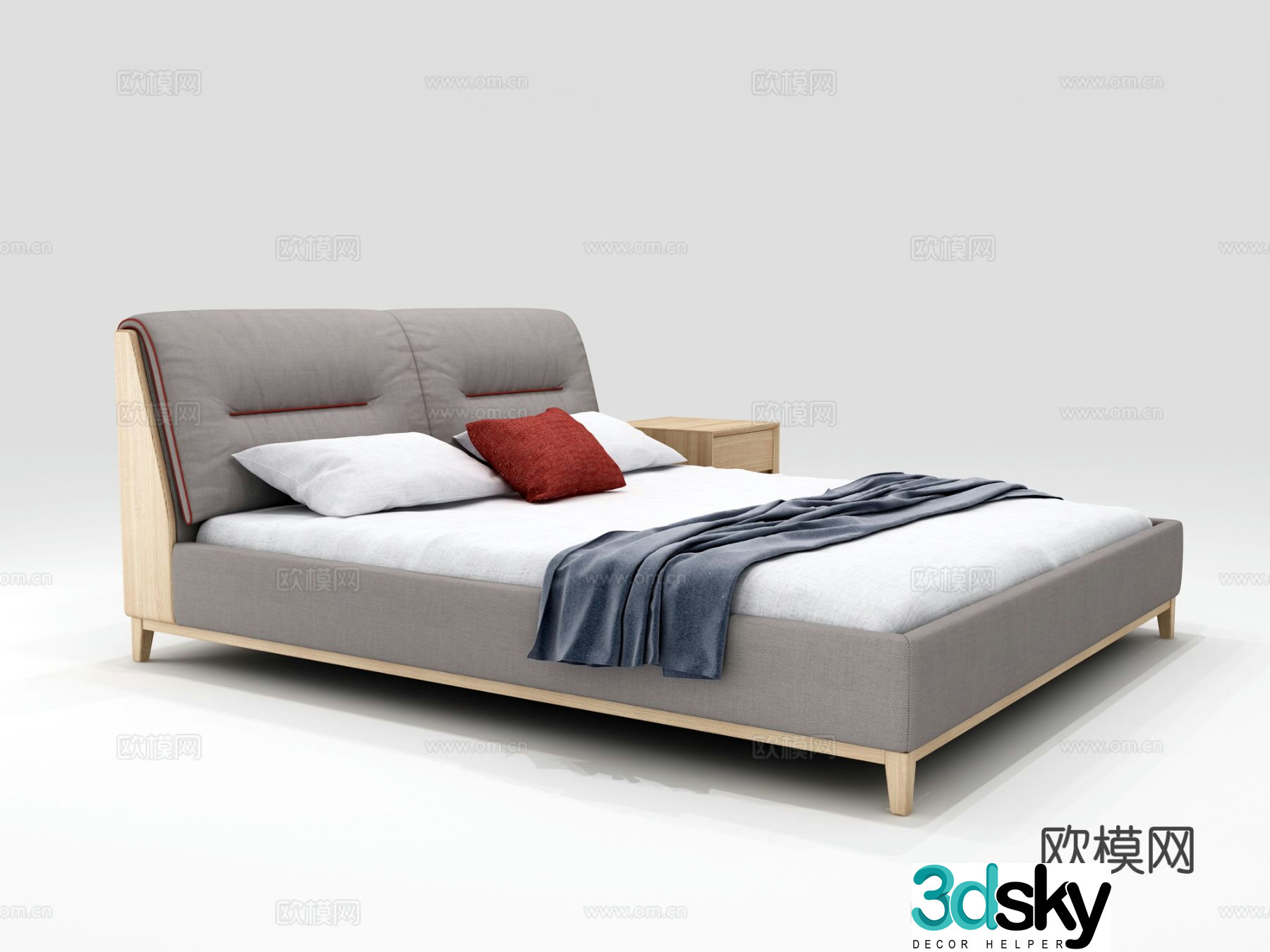Nordic fabric bed bedside table double bed 3d model