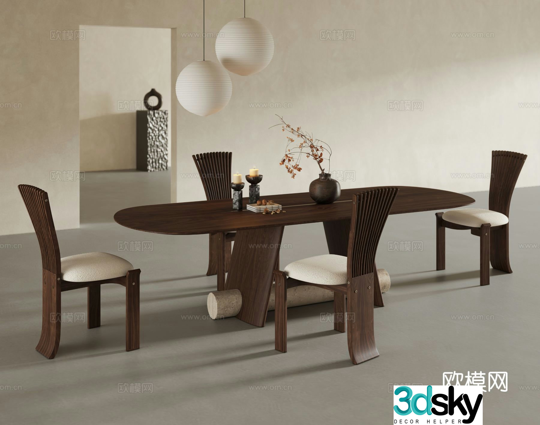 Wabi-sabi style solid wood dining table and chairs 3D model